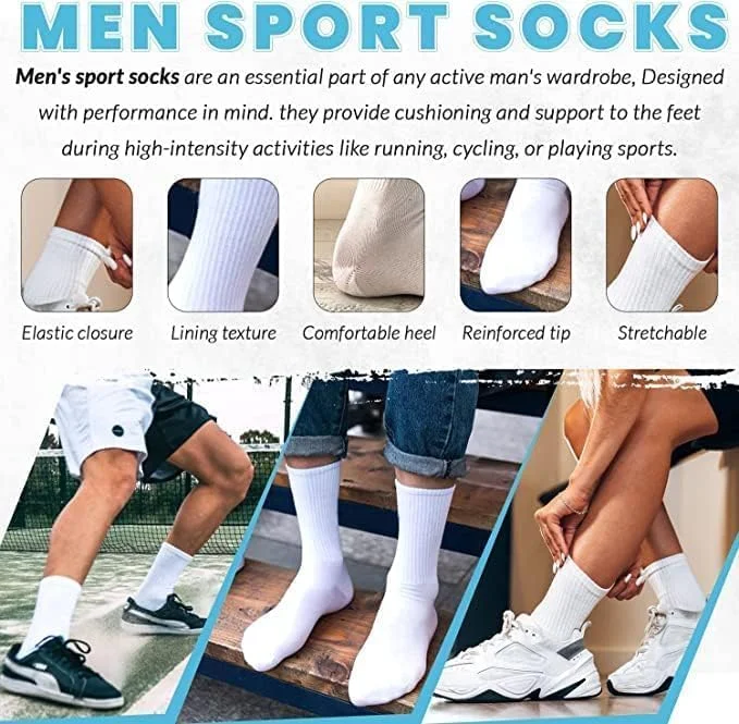 ست 5 جفتی جوراب ورزشی ساق دار مردانه، جوراب های نخی سفید ساده مناسب ورزش، پیاده روی و تمرین، سایز 39-46