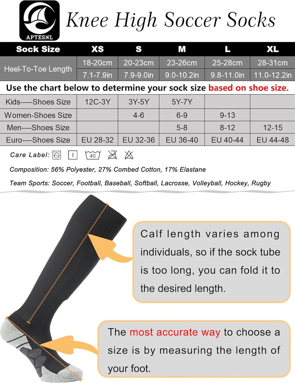 جوراب های ساق بلند ورزشی آپتِزول (بسته های 1/3/5 تایی) جوراب های ضخیم مناسب ورزش های تیمی برای کودکان، نوجوانان و بزرگسالان