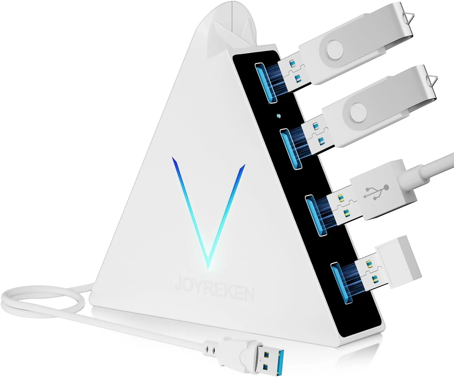 هاب USB 3.0 چهار پورت، هاب USB Tower مدل FlyingVHUB با کابل افزایش طول 60 سانتی‌متری، نورپردازی RGB (دارای سوییچ)، اسپلیتر USB برای لپ‌تاپ، PC، PS4، PS5، Xbox، ماوس، کیبورد، فلش درایو، U-Disk (سفید)