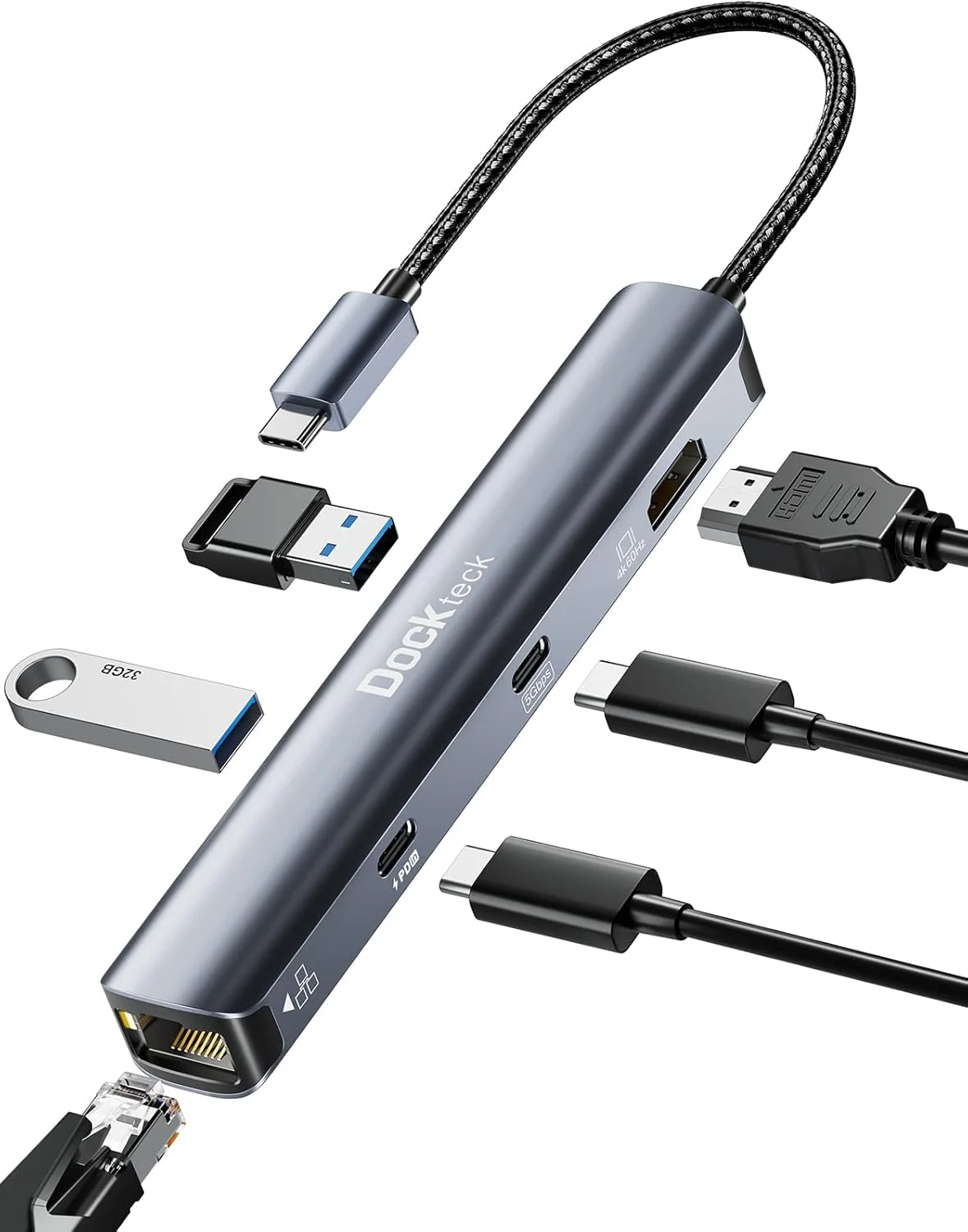 هاب USB C با HDMI 4K 60Hz، 6 در 1 Dockteck، داک اترنت، آداپتور MacBook Pro iPad با LAN RJ45، 2 پورت USB-C دیتا 100W PD، 2 USB 3.0، HDMI، برای MacBook Air M1/M2، iPad Pro/Air، Surface Pro