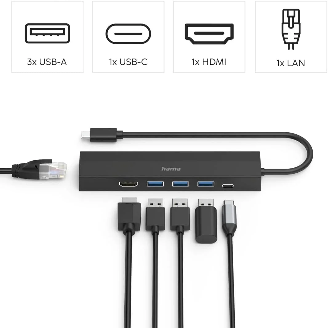 هاب USB هاما 6 پورت (3 پورت USB-A، پورت USB-C، پورت HDMI، پورت LAN، اترنت، برای ماوس، کیبورد، مانیتور، شبکه و غیره، تا 5 گیگابیت بر ثانیه، Ultra HD، 4K، )