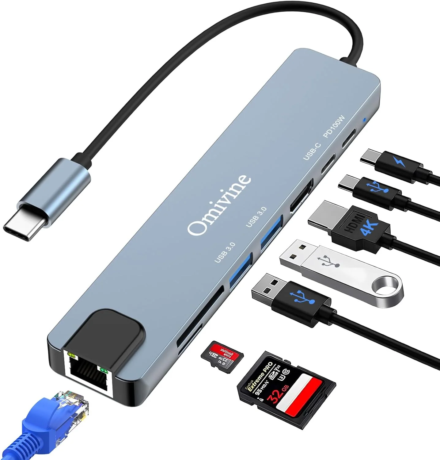 هاب USB-C هشت در یک با اترنت 1G، PD 100W، HDMI 4K، 2 پورت USB 3.0، 1 پورت C، کارت خوان SD/TF، آداپتور اسپلیتر Type-C برای آیفون 16/15، مک بوک، آیپد، سامسونگ، مک بوک، سرفیس، دل، لپ تاپ، PS4، تلویزیون