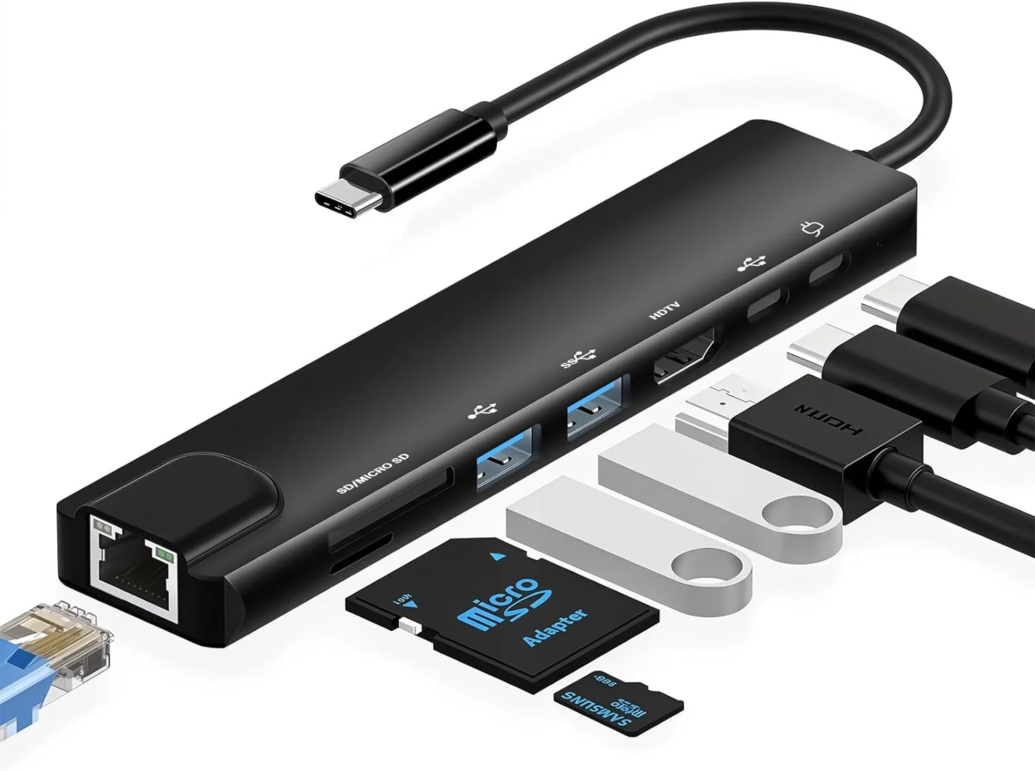 هاب USB C با آداپتور اترنت 8 در 1، مبدل چند پورت Type C با PD 100W، خروجی 4K HDTV، پورت USB 3.0/2.0، پورت C، کارت خوان SD/TF برای آیفون 15، مک بوک، آیپد، سامسونگ، سرفیس و غیره.