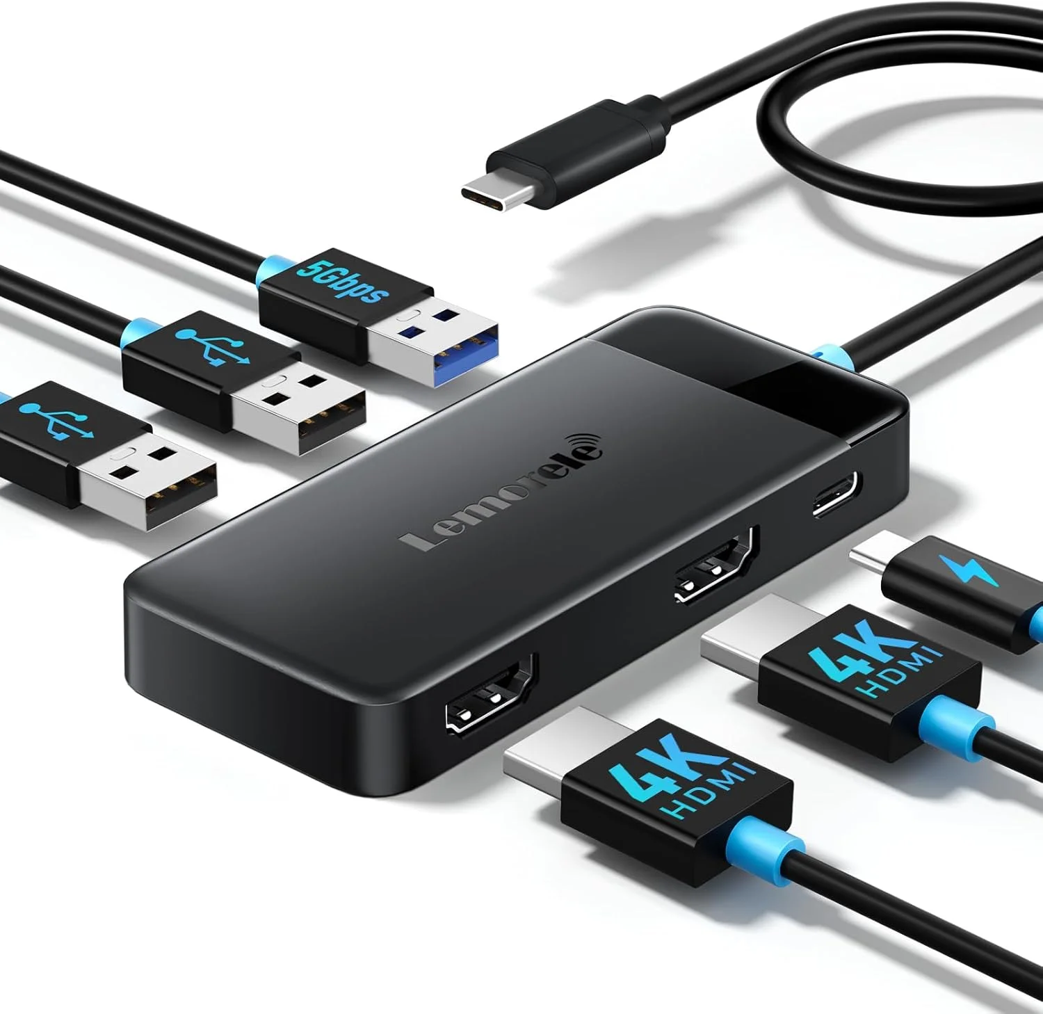 هاب داکینگ USB C با دو خروجی HDMI، ارتقا یافته 2025 Lemorele USB C Dock 2*HDMI آداپتور 4K، 3 پورت USB 3.0/2.0، PD 100W برای ویندوز، مک بوک، دل، اچ پی، سرفیس