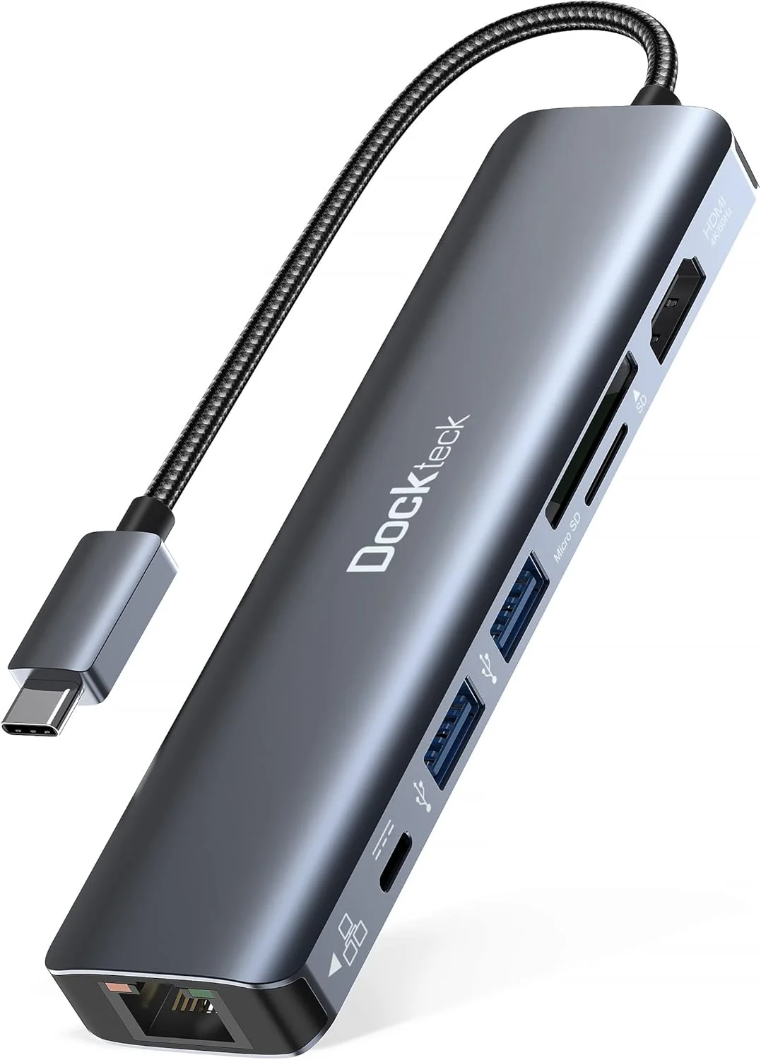 هاب USB C داکتک 7 در 1 مدل DD0003، آداپتور USB C، اترنت LAN RJ45، HDMI 4K 60Hz، تحویل برق 100W، 2 پورت USB 3.0 و SD/microSD برای آیفون 15 پرو، مک بوک M1، آیپد پرو، سرفیس پرو و غیره