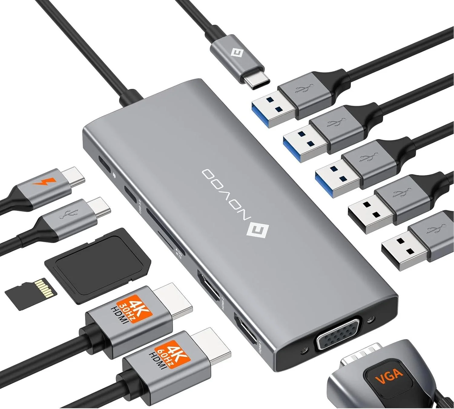 داک استیشن USB C نووو، نمایشگر سه گانه 13 در 1، هاب HDMI دوگانه 4K@60Hz، آداپتور VGA، 5 پورت داده USB-A، پورت داده USB-C، PD 100W، داک چند پورت SD/TF برای MacBook M2 M3 Dell HP Surface