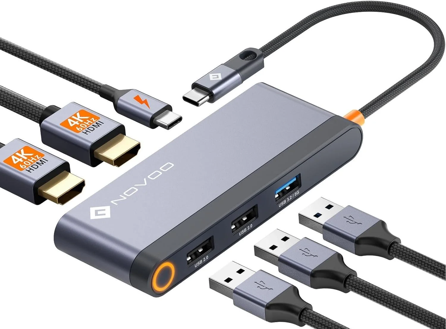 داک استیشن USB C نووو 4K@60Hz، آداپتور هاب USB C دوگانه HDMI با 2 پورت HDMI 4K@60Hz، شارژ سریع PD 100W، 3 پورت USB-A برای MacBook Pro M2، Dell، HP، Lenovo، Surface و سایر دستگاه های Type C