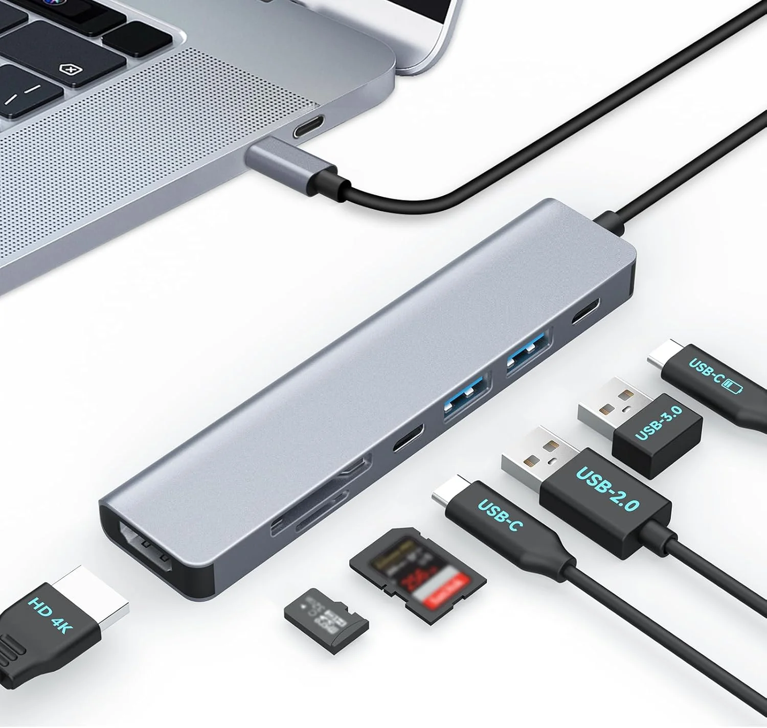 داک استیشن مومان، هاب USB C هفت در یک با 100W PD، 4K@30Hz HDMI، 5Gbps USB 3.0، USB 2.0، USB C، کارت خوان SD/TF برای ماوس، کیبورد، درایو فلش، موبایل