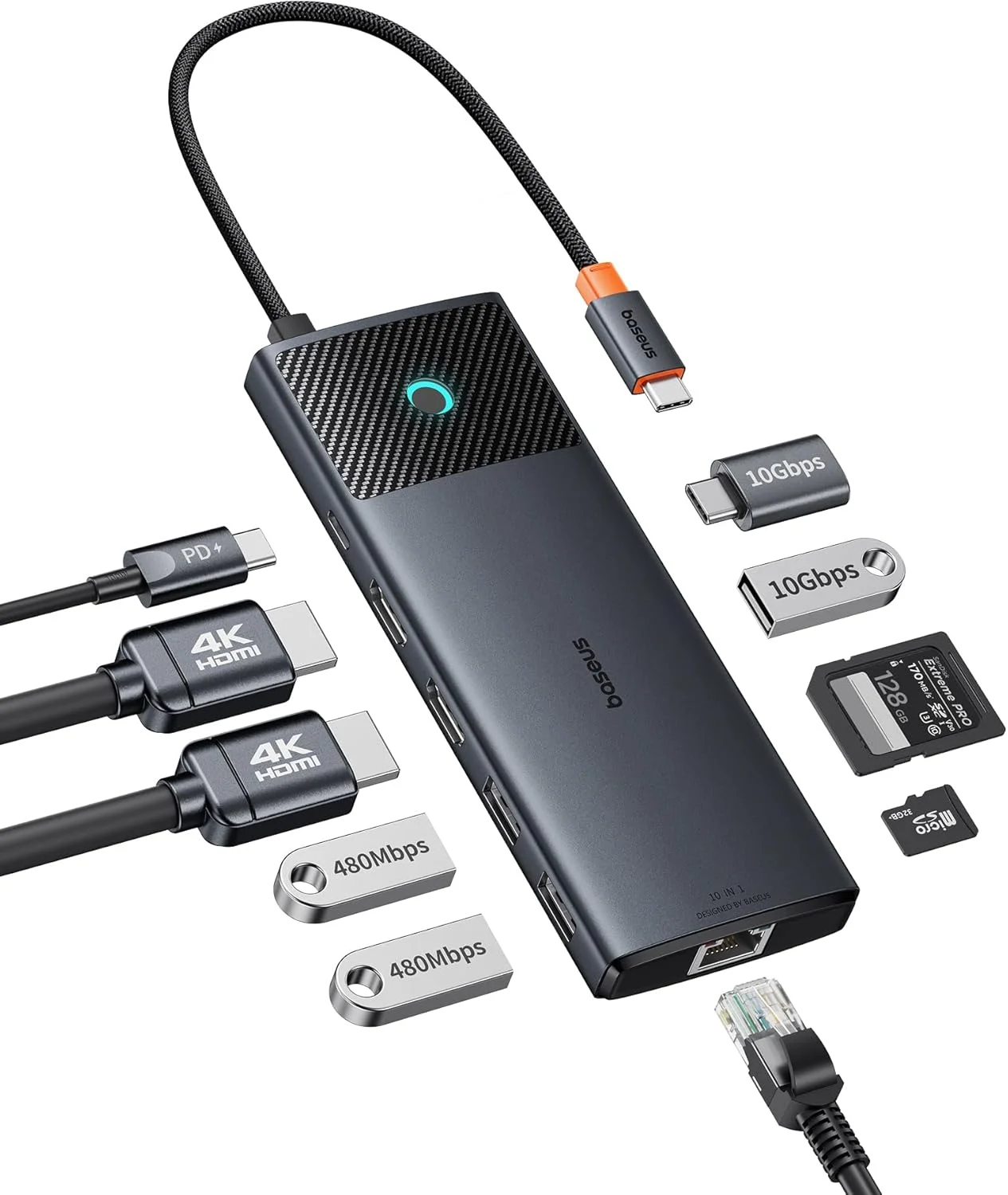 داک استیشن 10 در 1 Baseus USB C با سرعت 10 گیگابیت بر ثانیه تا 4K@120 هرتز، هاب با 2 HDMI، 2X USB-C و 3X USB-A، گیگابیت اترنت، SD/TF و تحویل برق 100 واتی برای MacBook/Dell/HP/Lenovo و سایر رایانه ها