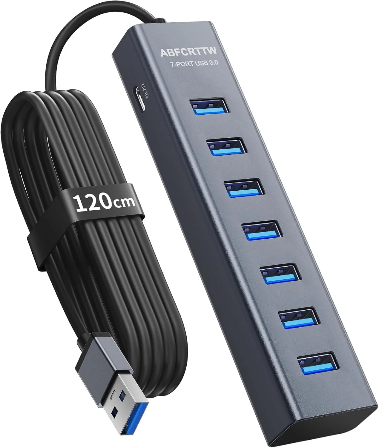 هاب USB 3.0 هفت پورت با کابل 120 سانتی‌متری برای کامپیوتر رومیزی، اسپلیتر آلومینیومی USB با سرعت 5 گیگابیت بر ثانیه، آداپتور چند پورت با پورت Type-C 5V 3A برای کامپیوتر، لپ‌تاپ، مک‌بوک، حافظه فلش، ماوس