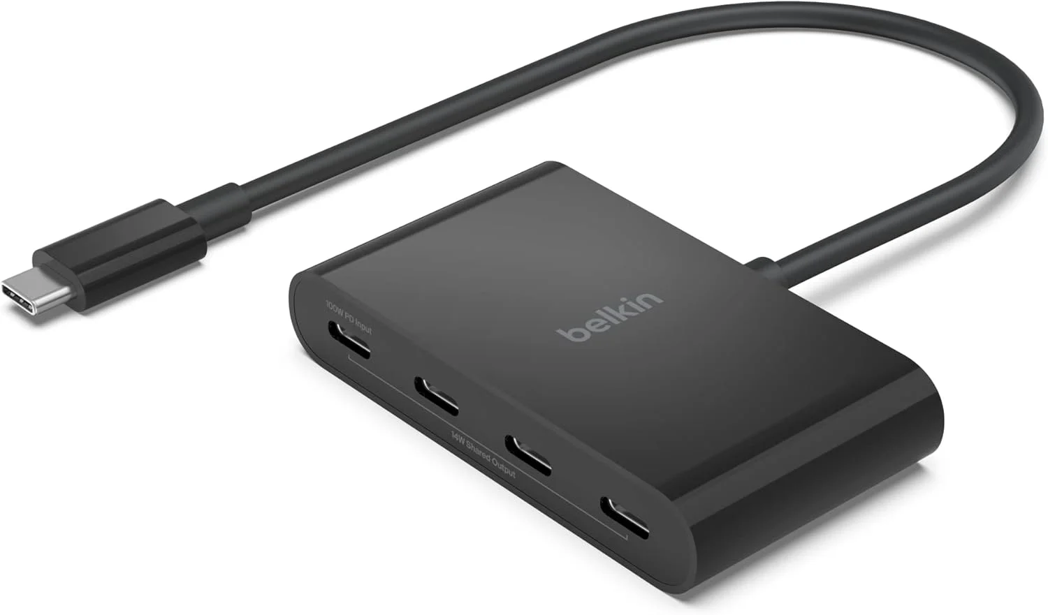 هاب USB-C به 4 پورت USB-C بلکین Connect، دانگل آداپتور چند پورت، 4 پورت 3.2 نسل 2، توان 100 وات PD، انتقال داده با سرعت 10 گیگابیت بر ثانیه برای مک بوک، آیپد، کروم بوک، لپ تاپ ویندوز، مشکی، (AVC018btBK)