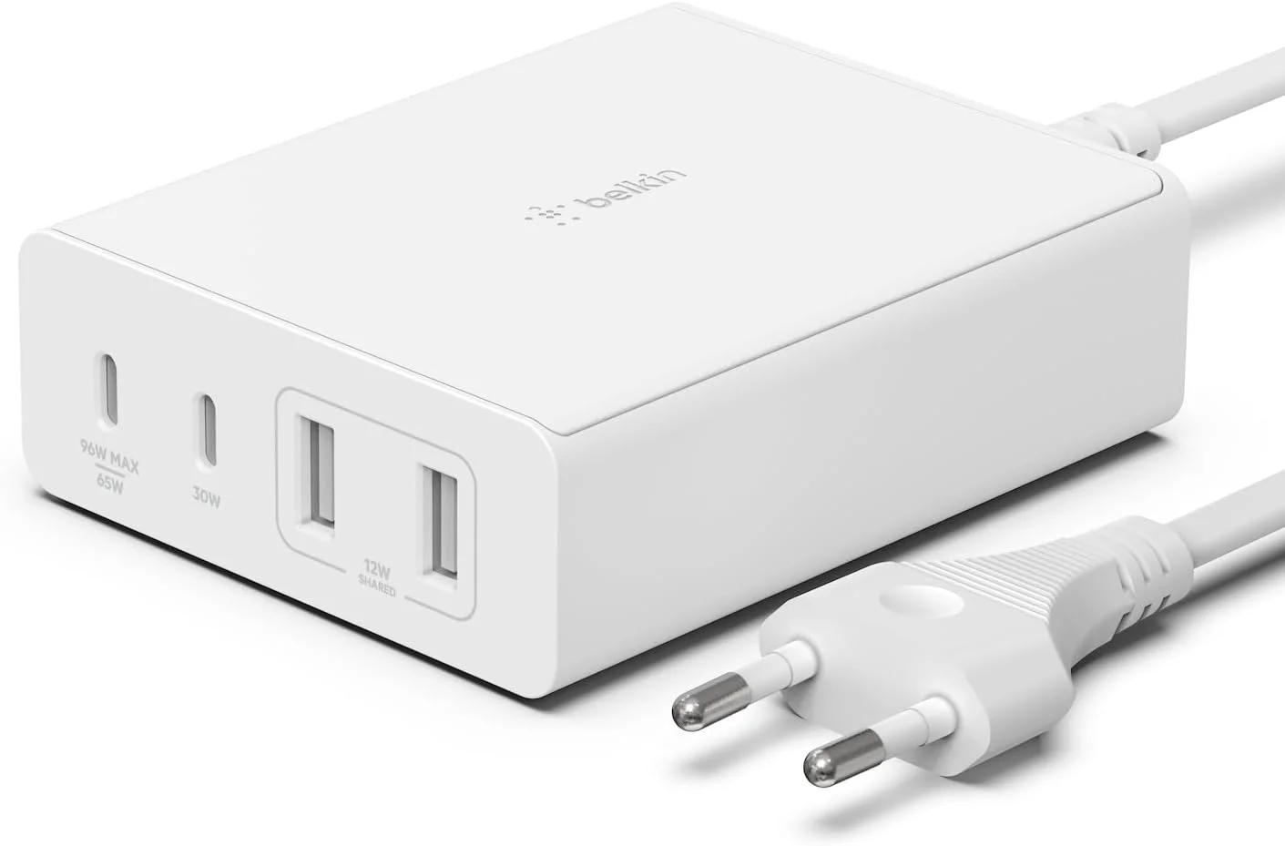 ایستگاه شارژ چند دستگاهی 108 واتی Belkin GaN USB، شارژر سریع با 2 پورت USB-C و 2 پورت USB-A، داک/هاب برای MacBook Pro، iPhone Air، iPad، Galaxy S25، Pixel 10، لپ تاپ و غیره - سفید