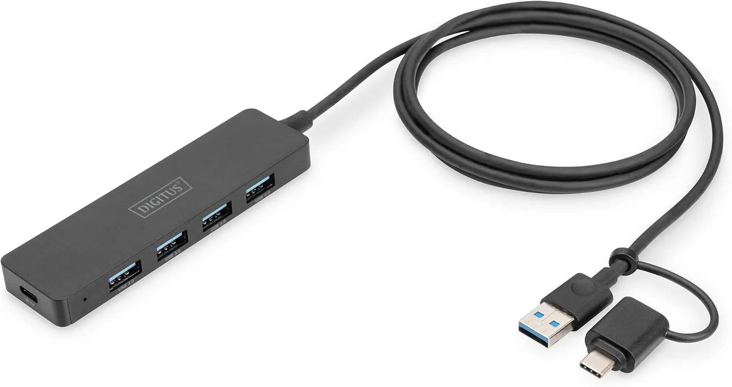 هاب USB دایجستوس DA-70236 – هاب USB چهار پورت USB 3.2 Gen 1 نوع A و C – انتقال داده با سرعت فوق العاده تا 5 گیگابیت بر ثانیه – جمع و جور و قابل حمل – Plug-and-Play – برای کامپیوتر، نوت بوک و مک – مشکی