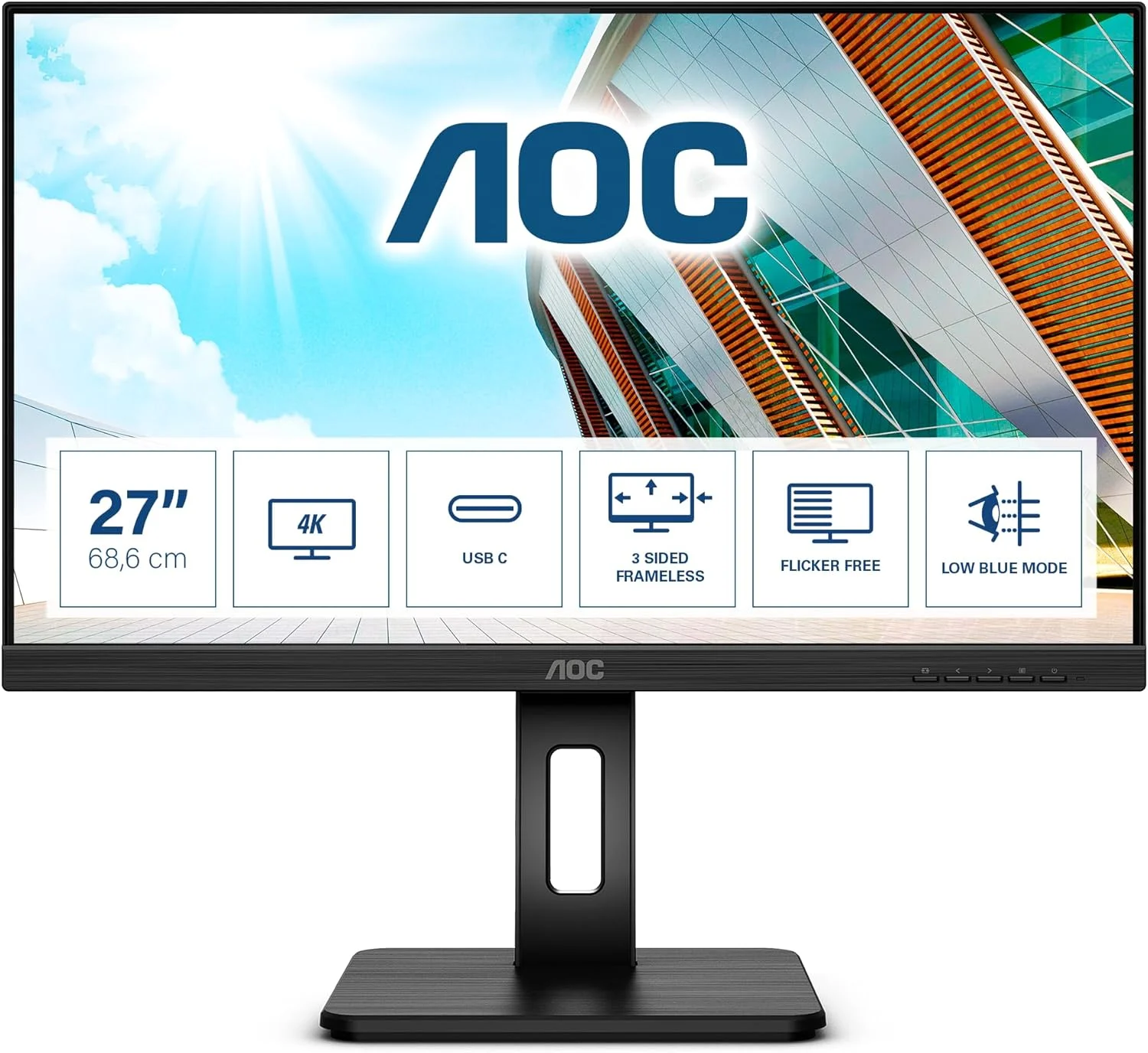 مانیتور 27 اینچی AOC U27P2CA با داکینگ USB-C، قابل تنظیم ارتفاع (3840x2160, 60 هرتز, HDMI, DisplayPort, USB-C, USB Hub) مشکی