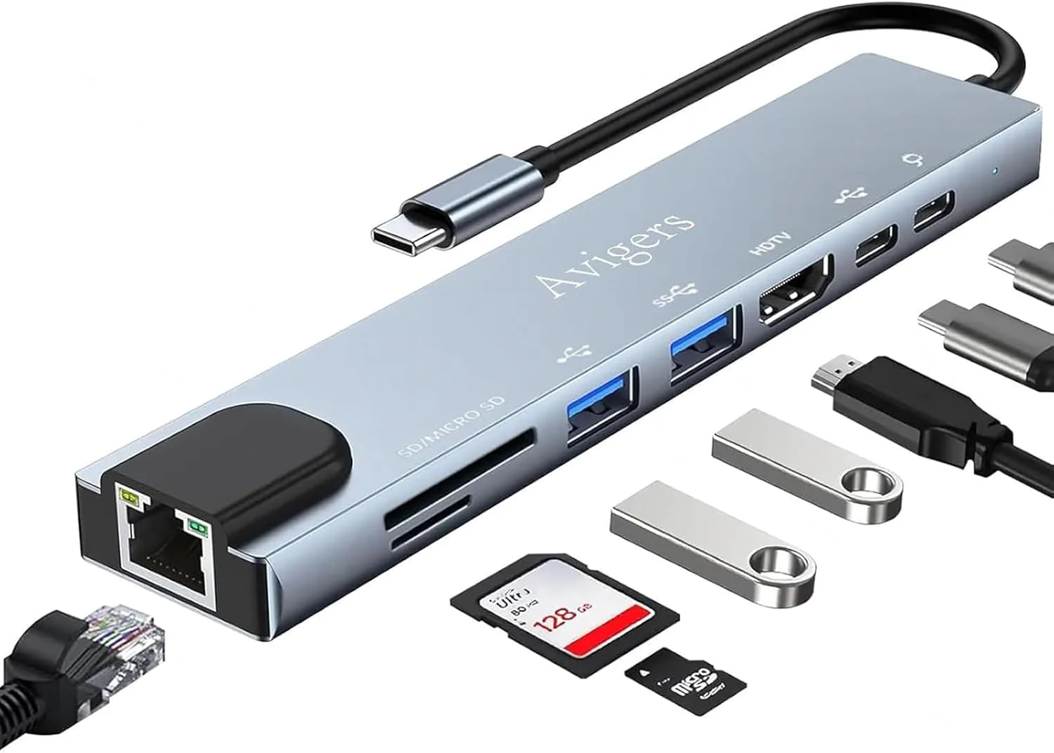 هاب USB C آویگرز (8 در 1)، آداپتور چند پورت USB C با PD 100W، HDMI 4K، کارت خوان SD&TF، USB 3.0، آداپتور اترنت LAN برای MacBook Air/Pro، Huawei، Dell و غیره