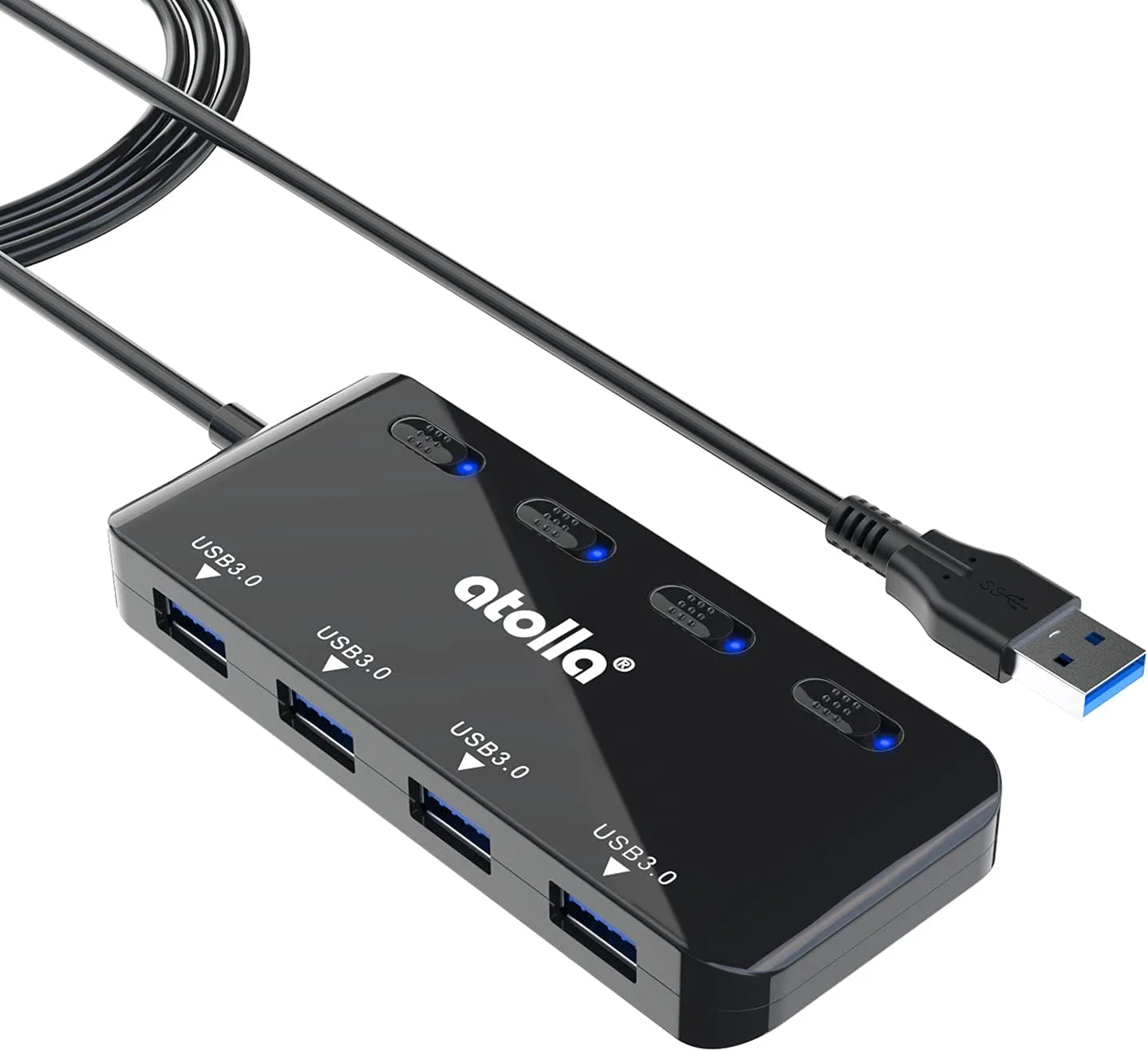 هاب USB آتولا با 4 پورت USB 3.0، کابل 60 سانتی‌متری، توزیع‌کننده USB فوق‌العاده باریک با سوئیچ‌های روشن/خاموش جداگانه و LED برای PC، Mac Pro/Mini، iMac، MacBook Air، Surface Pro، فلش درایو، هارد دیسک موبایل