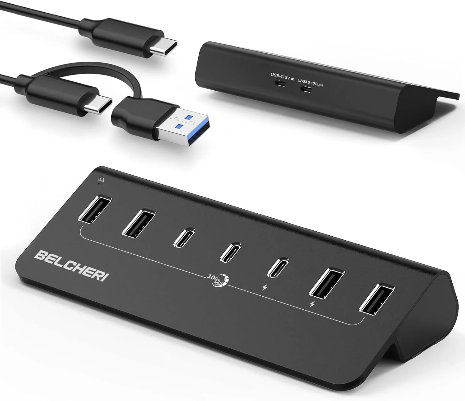 هاب USB C با 7 پورت به همراه آداپتور برق، USB 3.2 Gen 2، هاب انتقال سریع داده 10 گیگابیت بر ثانیه، اسپلیتر توسعه تمام آلومینیومی با آداپتور برق 5 ولت 3 آمپر، 3 پورت USB-C و 4 پورت USB-A، پشتیبانی از شارژ BC1.2