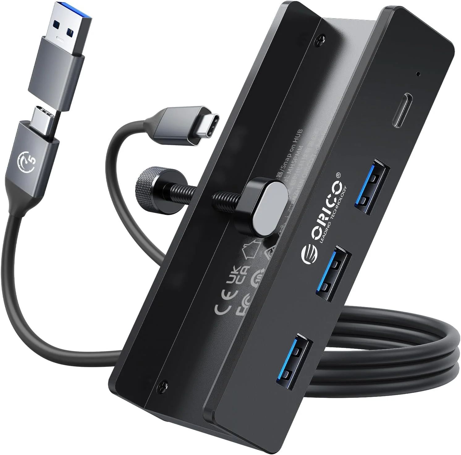 هاب USB اوریکو، هاب آلومینیومی USB 3.0 کلیپ با پورت منبع تغذیه 5 ولت، اسپلیتر USB 4 پورت 5 گیگابیت بر ثانیه با 3 پورت Type-A 3.0 و 1 پورت Type-C 3.0، کابل 100 سانتی متری (C به A/C)، برای مانیتورها، میزها