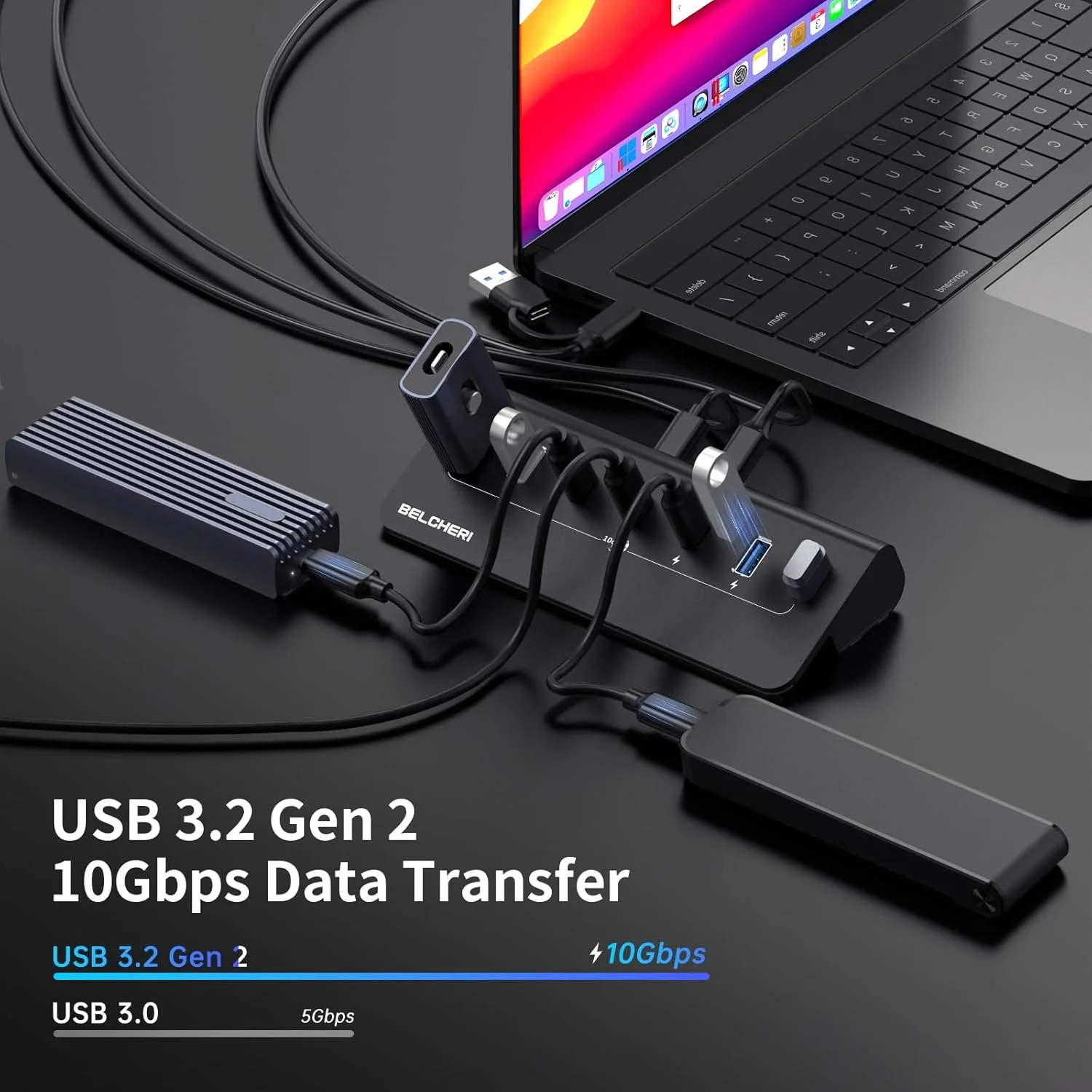 هاب USB C با 7 پورت به همراه آداپتور برق، USB 3.2 Gen 2، هاب انتقال سریع داده 10 گیگابیت بر ثانیه، اسپلیتر توسعه تمام آلومینیومی با آداپتور برق 5 ولت 3 آمپر، 3 پورت USB-C و 4 پورت USB-A، پشتیبانی از شارژ BC1.2