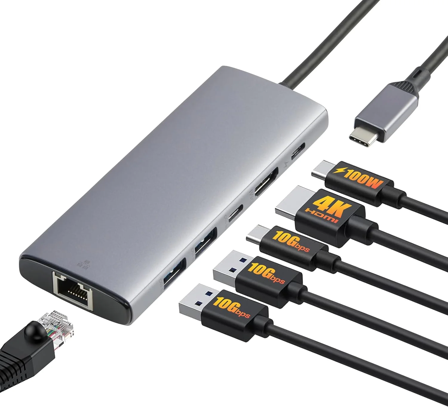 هاب USB C آمازون بیسیکس برای لپ‌تاپ‌های PC، آداپتور چند پورت 6 در 1 با شارژ PD حداکثر 100 وات، HDMI 4K، 2 پورت USB-A، اترنت، پورت داده Type C