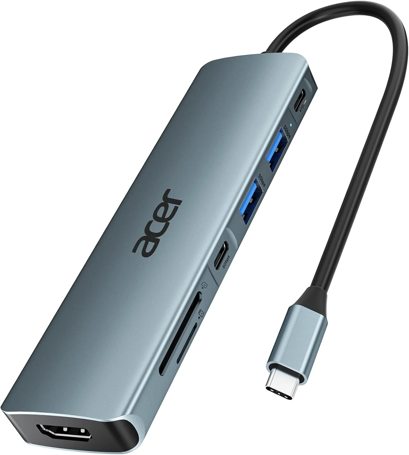 هاب USB C ایسر، 7 در 1 USB-C به 4K HDMI، 2xUSB 3.0، 1x Type C 5Gbps، 100W PD، کارت خوان SD/TF، آداپتور چند پورت داکینگ آلومینیومی برای سری iPhone 15/16، MacBook/iPad Pro/Air، S24، Surface و غیره.
