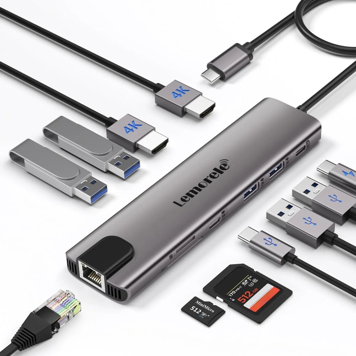 هاب داکینگ استیشن آلومینیومی USB C با 2 پورت HDMI، گیگابیت اترنت، 4 پورت USB A، پورت USB C 3.0، PD100W، SD TF، آداپتور داک Usbc Lan RJ45 1000 مگابیت بر ثانیه برای لپ تاپ Macbook 2 مانیتور برای Lenovo HP Dell Surface