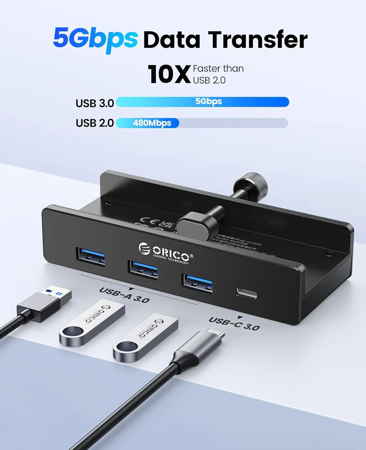 هاب USB اوریکو، هاب آلومینیومی USB 3.0 کلیپ با پورت منبع تغذیه 5 ولت، اسپلیتر USB 4 پورت 5 گیگابیت بر ثانیه با 3 پورت Type-A 3.0 و 1 پورت Type-C 3.0، کابل 100 سانتی متری (C به A/C)، برای مانیتورها، میزها - تصویر 2