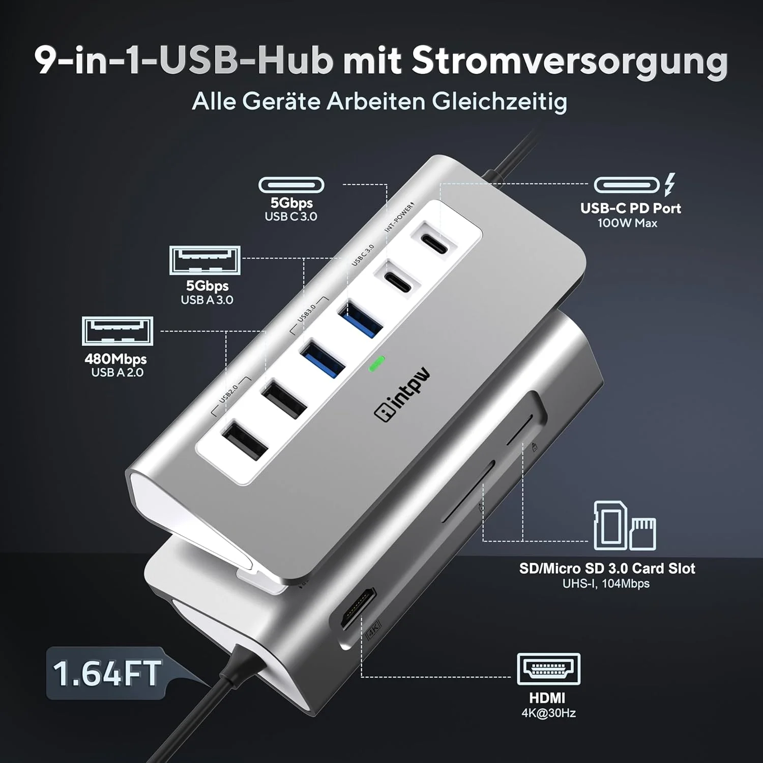 هاب USB C، هاب USB 9 در 1 3.0 با HDMI 4K، 2 پورت Type-A 3.0، PD 100W، 2 پورت Type-A 2.0، USB-C 3.0، SD/TF، ایستگاه داک آلومینیومی برای iPhone16 MacBook Air/Pro iPad/Laptop/Mac OS/Windows/Chromecast