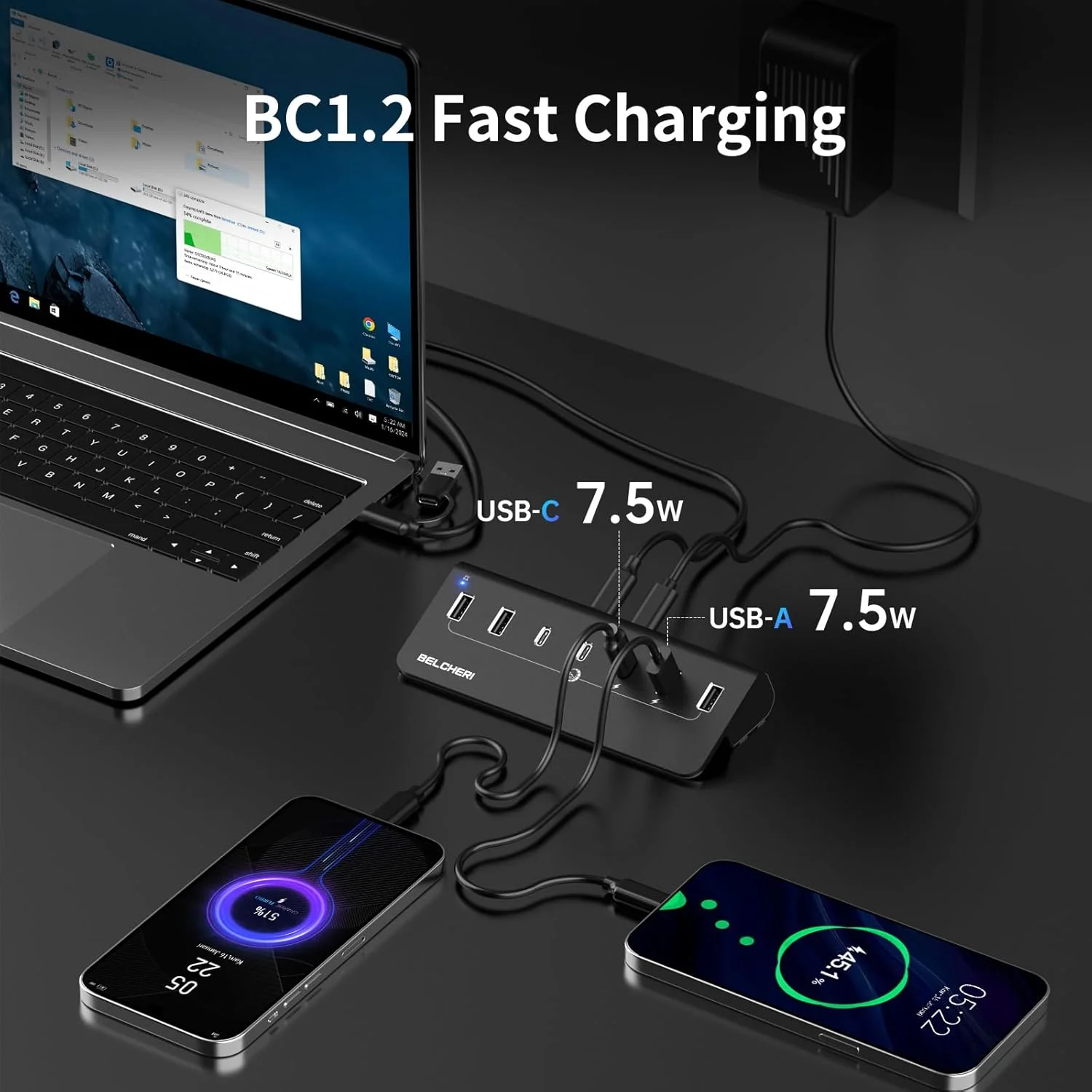 هاب USB C با 7 پورت به همراه آداپتور برق، USB 3.2 Gen 2، هاب انتقال سریع داده 10 گیگابیت بر ثانیه، اسپلیتر توسعه تمام آلومینیومی با آداپتور برق 5 ولت 3 آمپر، 3 پورت USB-C و 4 پورت USB-A، پشتیبانی از شارژ BC1.2
