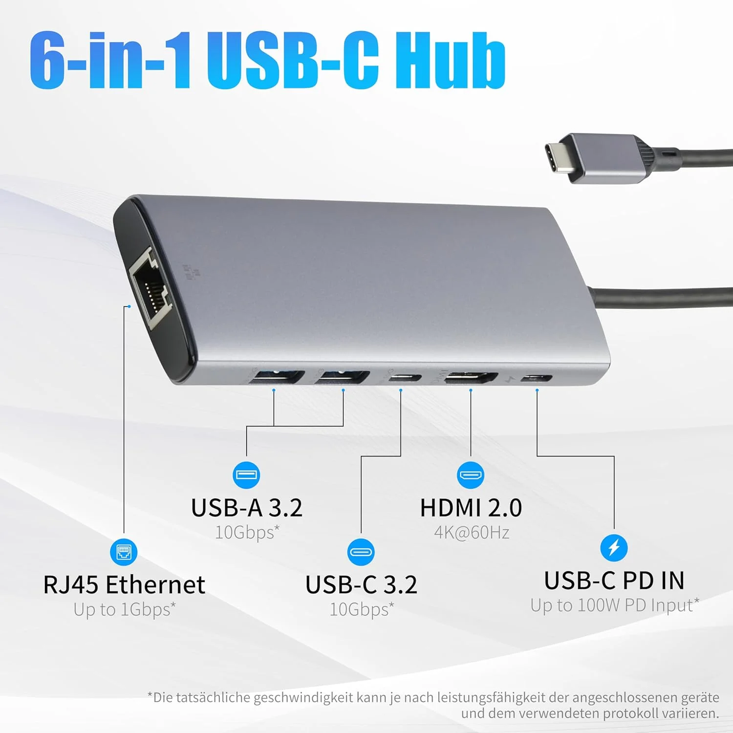 هاب USB C آمازون بیسیکس برای لپ‌تاپ‌های PC، آداپتور چند پورت 6 در 1 با شارژ PD حداکثر 100 وات، HDMI 4K، 2 پورت USB-A، اترنت، پورت داده Type C - تصویر 2