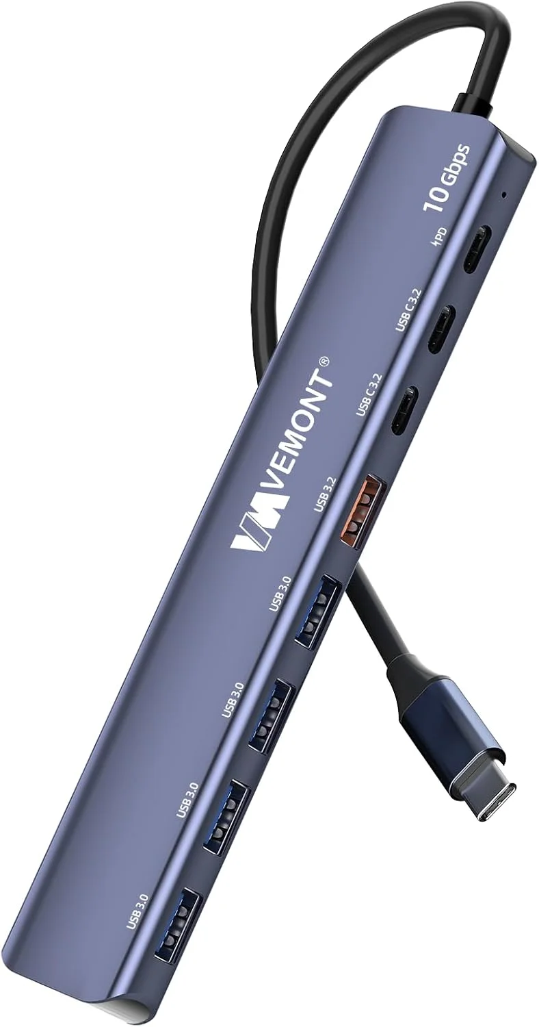 هاب USB C با سرعت 10 گیگابیت بر ثانیه، VEMONT 7 در 1 آلومینیومی USB 3.1/3.2 با 2 پورت USBC 3.2 و USBA 3.2 و 4 پورت USBA 3.0، شارژ 100 واتی PD، اسپلیتر USB C سازگار با MacBook/iPad/Laptop/Phones و دستگاه های USBC