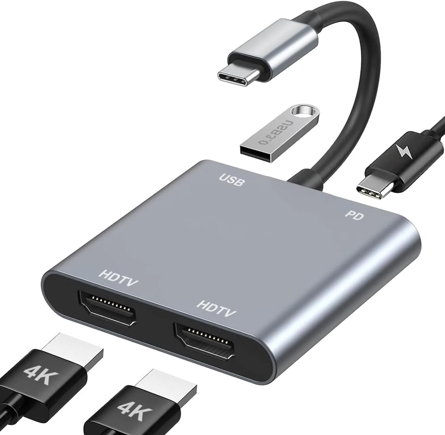 آداپتور USB C به دوگانه HDMI، اسپلیتر 4 در 1 نوع C به HDMI برای دو مانیتور با 2 * 4K + USB 3.0 + PD 100W، هاب چند پورت USBC برای MacBook Pro/Air، iPad، Surface، Dell، Chromebook