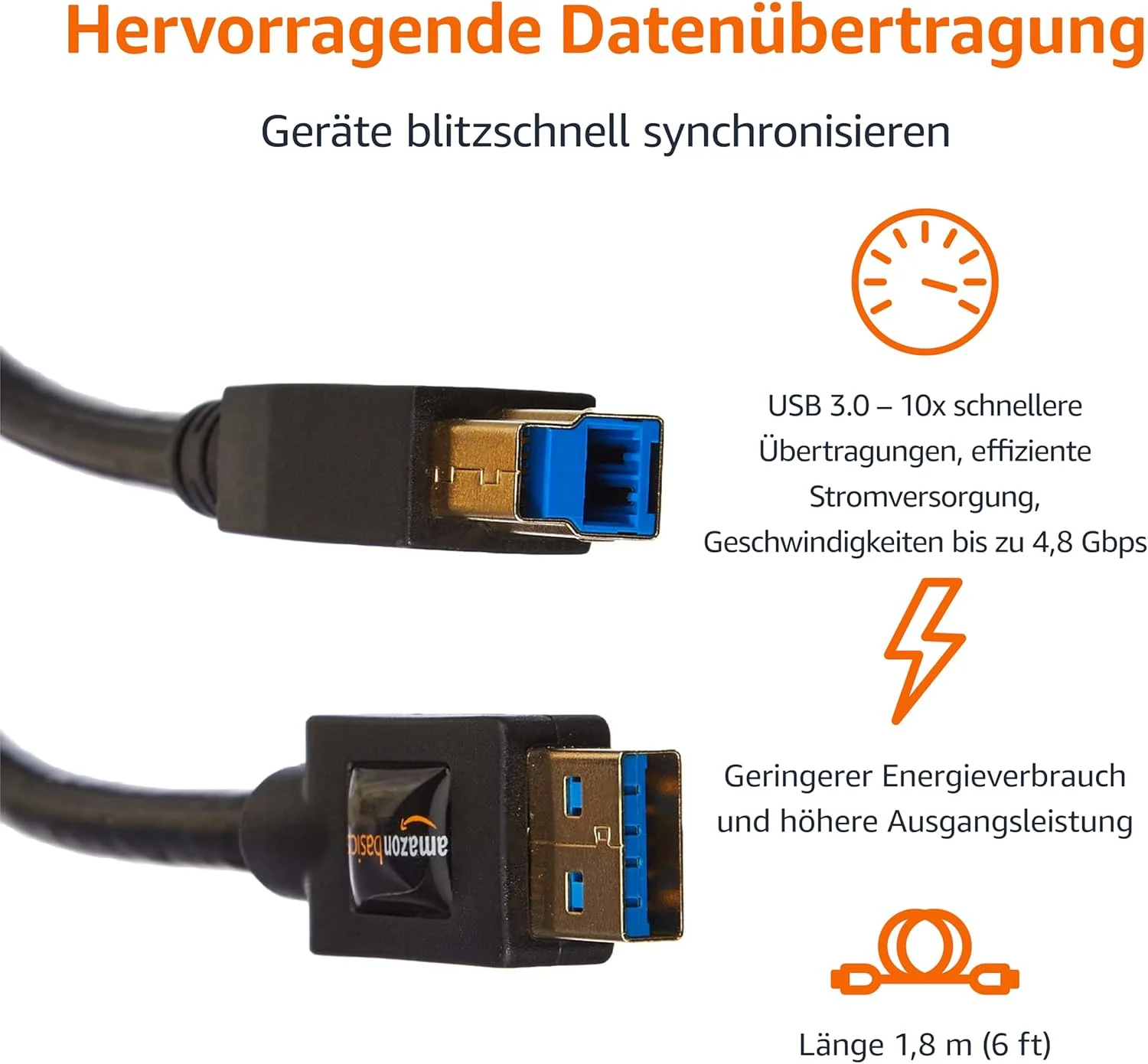 کابل آمازون بیسیکس USB 3.0 نوع A به نوع B، 183 سانتی متر، مشکی