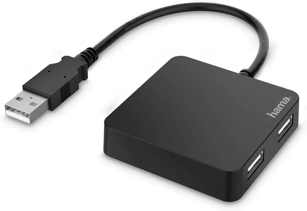 هاب USB 2.0 هاما، آداپتور 4 پورت (هاب USB A چهاره در یک، اسپلیتر USB با 4 پورت USB، کوچک و جمع و جور، فاصله زیاد بین پورت‌ها، با تغذیه از گذرگاه، توزیع کننده USB خارجی) مشکی