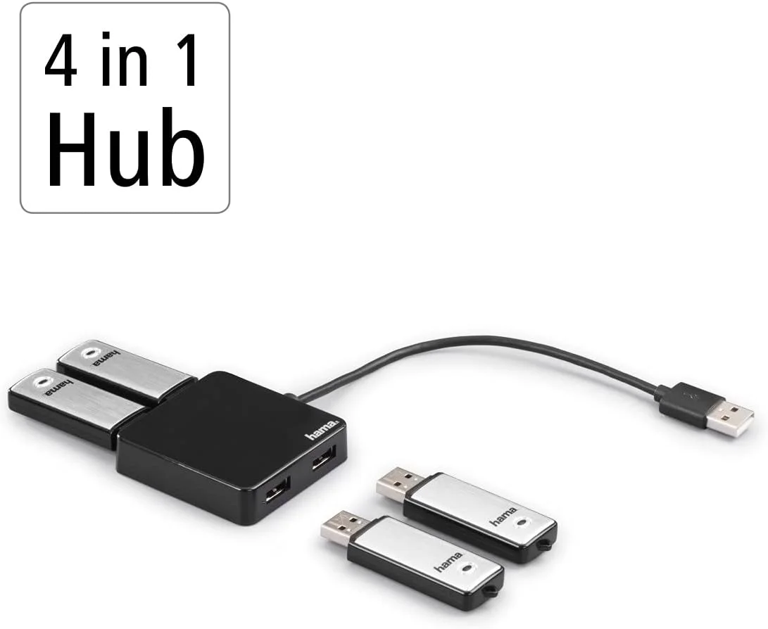 هاب USB 2.0 هاما، آداپتور 4 پورت (هاب USB A چهاره در یک، اسپلیتر USB با 4 پورت USB، کوچک و جمع و جور، فاصله زیاد بین پورت‌ها، با تغذیه از گذرگاه، توزیع کننده USB خارجی) مشکی - تصویر 2