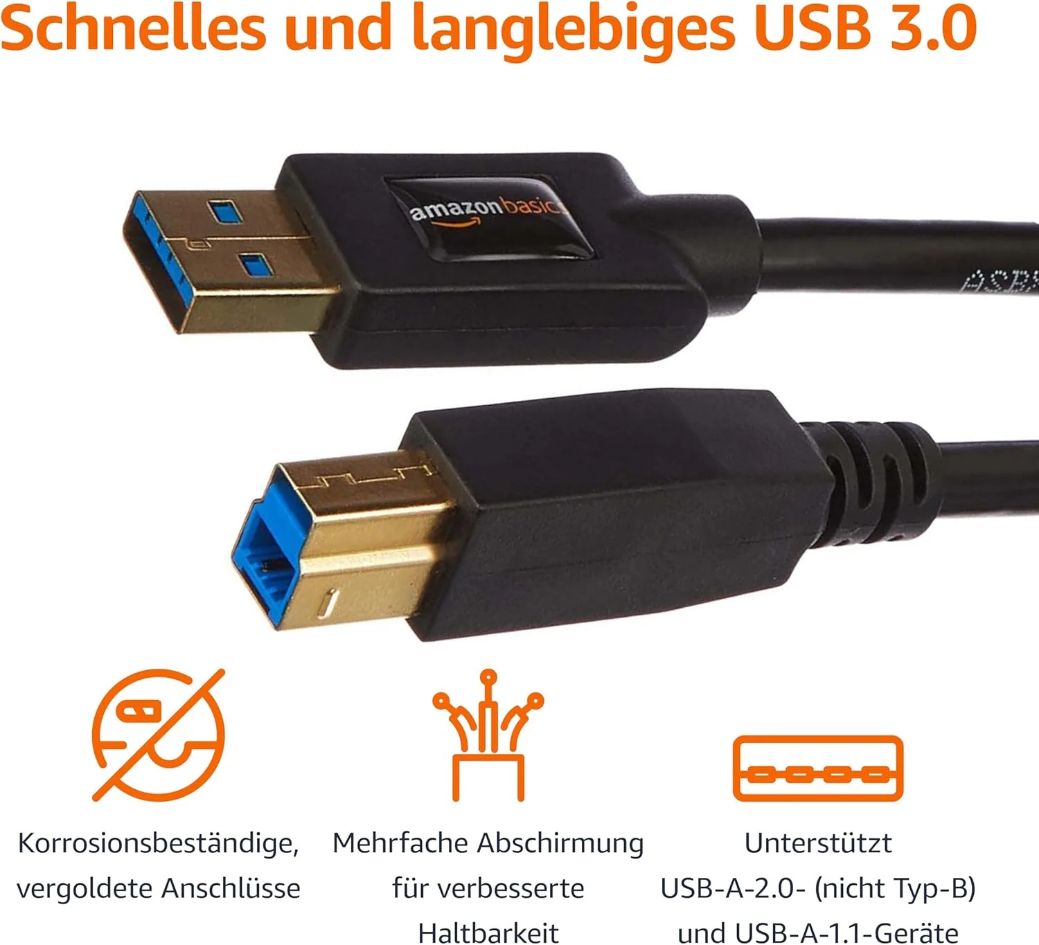 کابل آمازون بیسیکس USB 3.0 نوع A به نوع B، 183 سانتی متر، مشکی