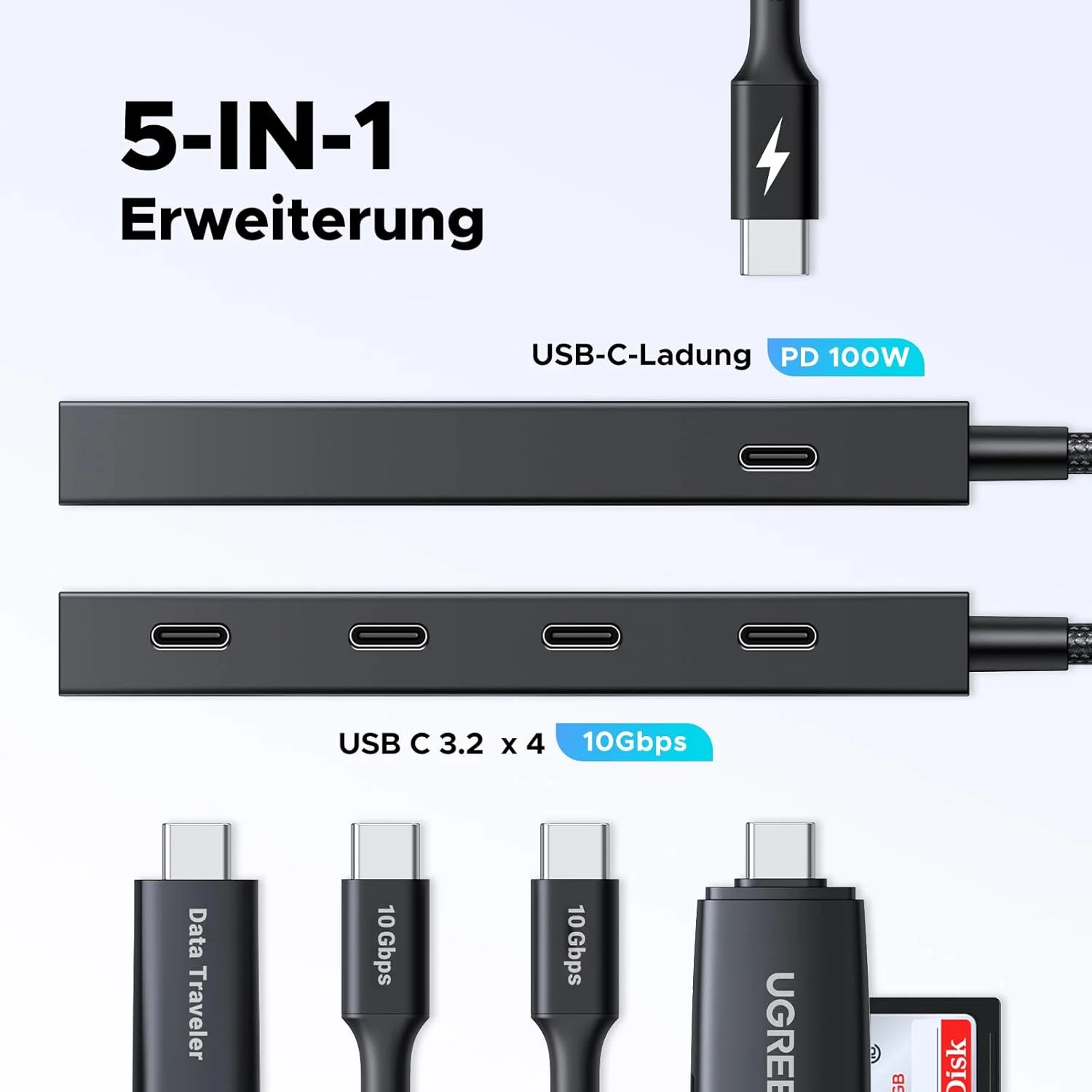 هاب USB C یوگرین 10 گیگابیت بر ثانیه با PD 100W، آداپتور با 4 پورت، اسپلیتر چند پورت پرسرعت برای سری آیفون 17، سری گلکسی S25، مک بوک، آی مک، آیپد، کروم بوک و غیره