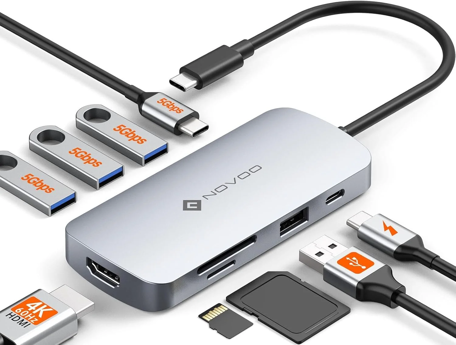 هاب USB C نووو 9 در 1 آداپتور 4K@60Hz HDMI، 4*USB A+1*USB C درگاه داده، 100W PD، ایستگاه اتصال SD/TF چند پورت آداپتور برای آیفون 15، مک بوک پرو/ایر، گلکسی S24، سرفیس، آیپد، استیم دک