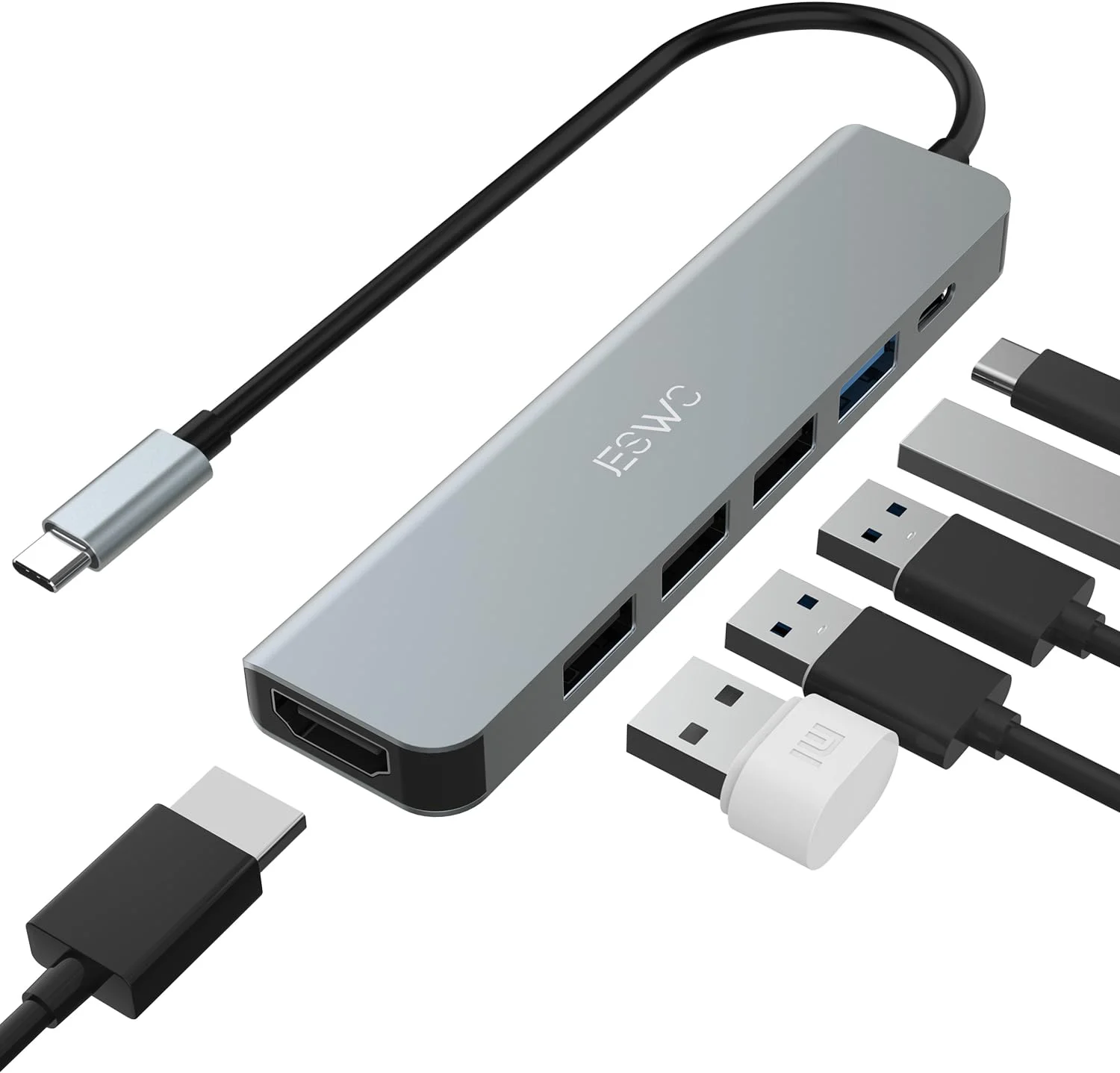 هاب USB C، آداپتور USB C مدل JESWO 6 در 1 با HDMI 4K، یک عدد USB 3.0، سه عدد USB 2.0 و PD 100W سازگار با MacBook Pro/Air و سایر دستگاه های Type-C