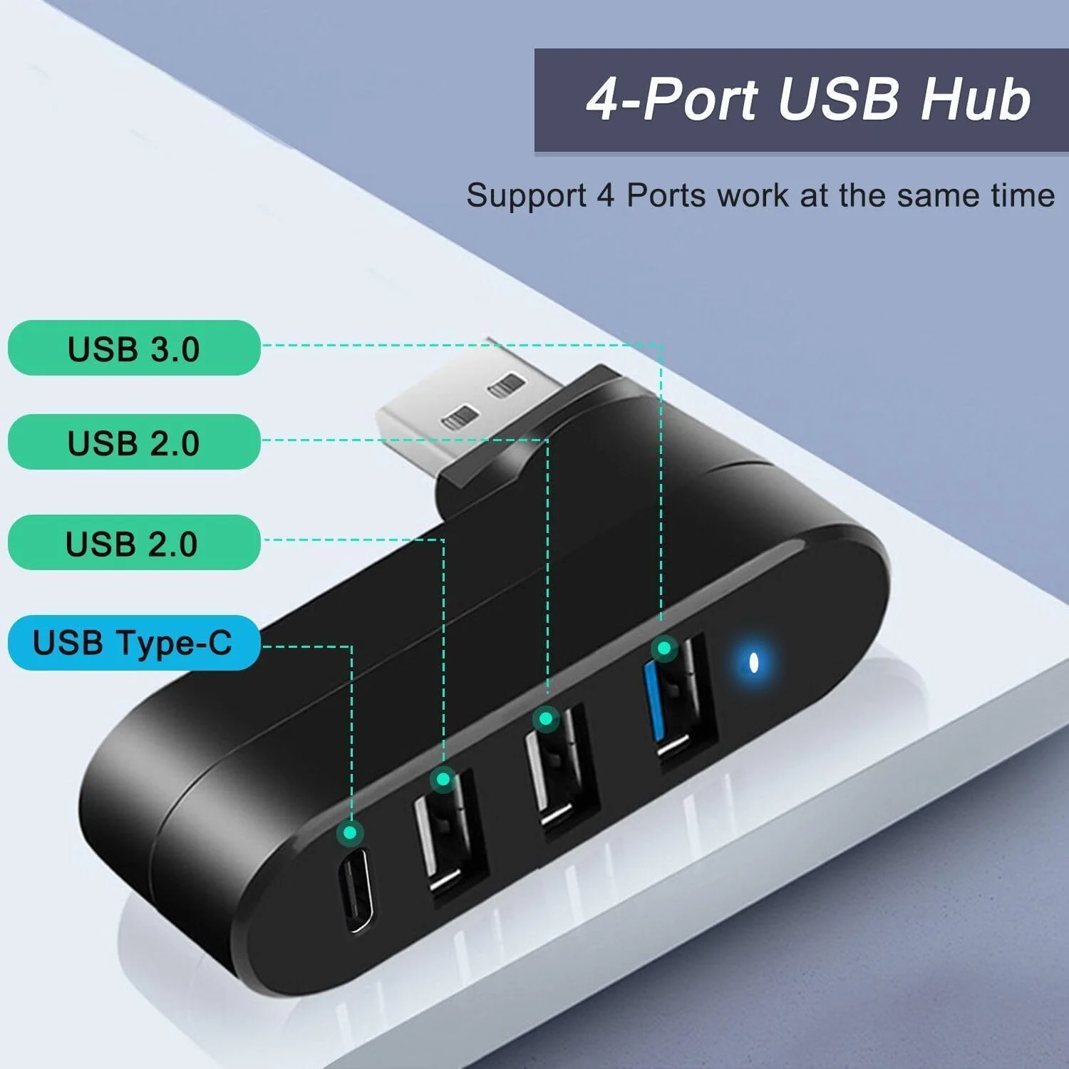 هاب USB 3.0 چهار پورت [چرخش 90°/180°] با 3 پورت USB و 1 پورت USB-C برای برق/انتقال داده، توسعه دهنده برای لپ تاپ، خودرو، مک پرو، آی مک، مک بوک و غیره