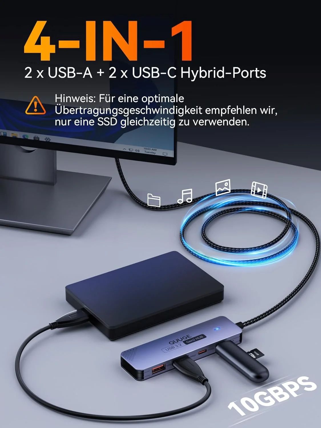 هاب USB C 3.2 با سرعت 10 گیگابیت بر ثانیه، آداپتور 4 در 1 QUUGE با 2 پورت USB-C 3.2 و 2 پورت USB-A 3.2، اسپلیتر چند پورت آلومینیومی با کابل نایلونی 100 سانتی متری سازگار با MacBook Air/Pro، Mac mini M4، iMac، Dell، HP، Lenovo