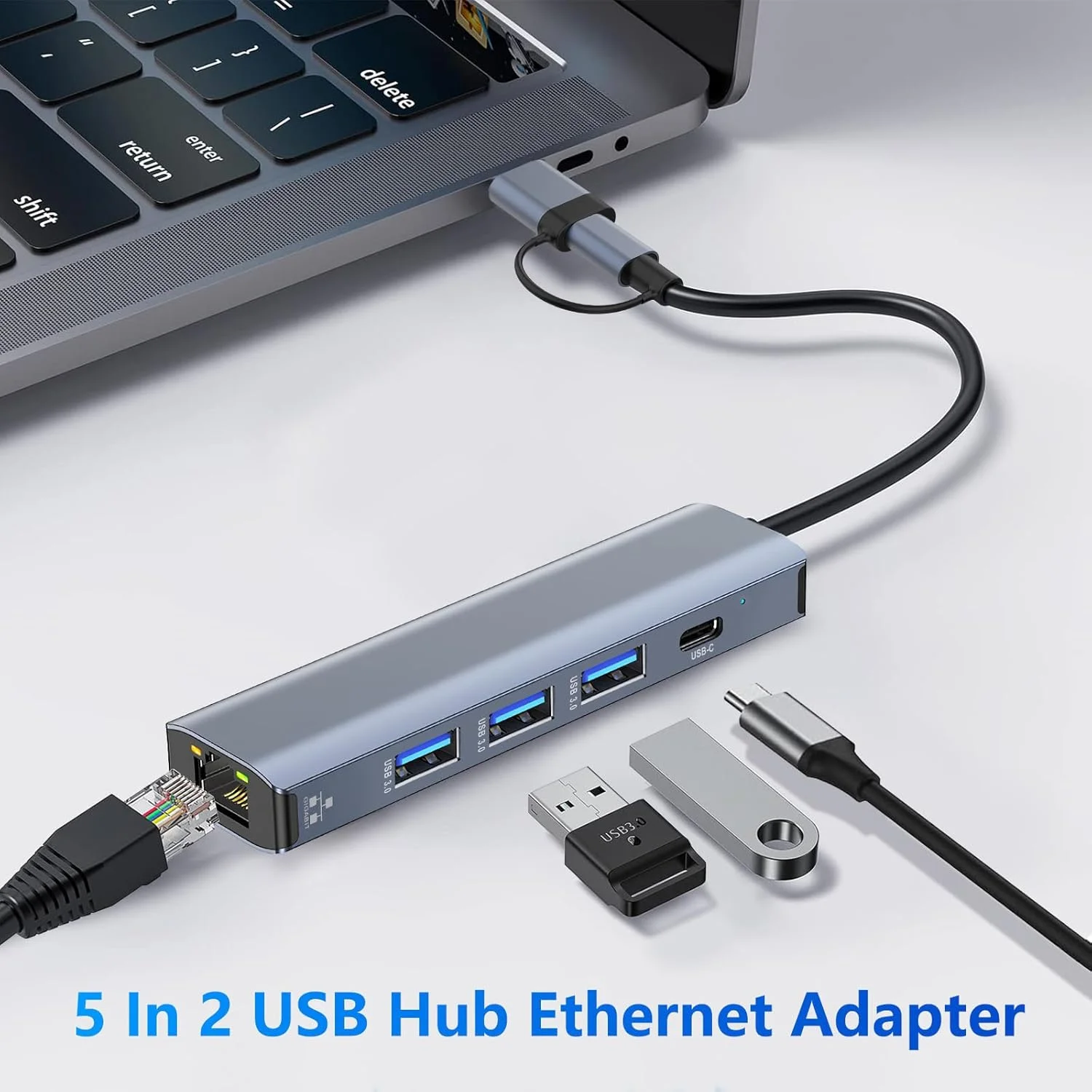 آداپتور USB به LAN 1000M، آداپتور اترنت USB-C RJ45 گیگابیتی، هاب USB-C LAN با 3 پورت USB 3.0 و 1 پورت Type-C برای MacBook XPS Surface Pro Linux Chromebook و غیره