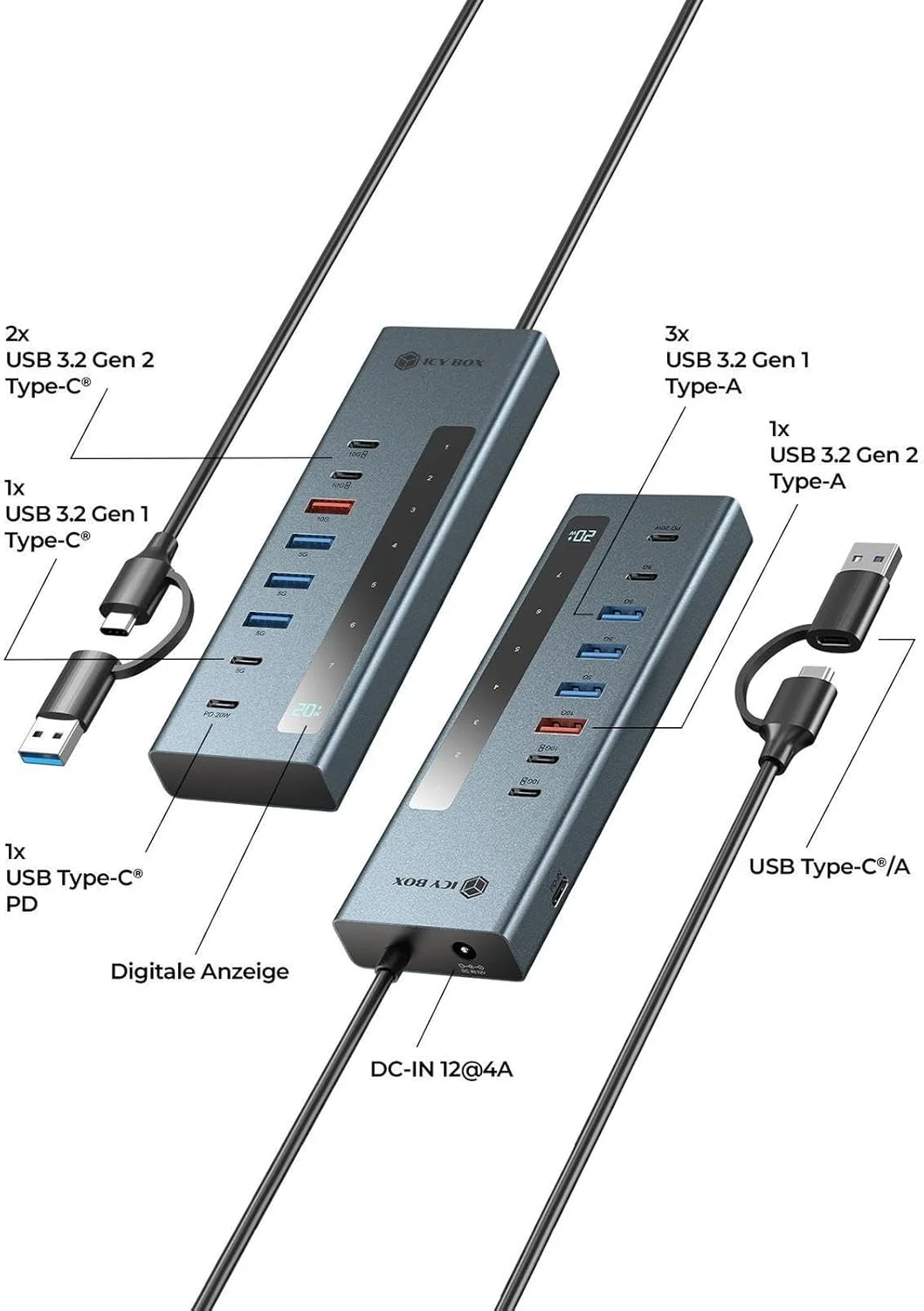 هاب ICY Box 9-in-1 USB-C/A، 2 عدد USB-C و 4 عدد USB-A، 10 گیگابیت بر ثانیه، PD 100 وات، پورت شارژ 20 وات، آلومینیومی، آداپتور برق 12V/4A، IB-HUB1743-CPD