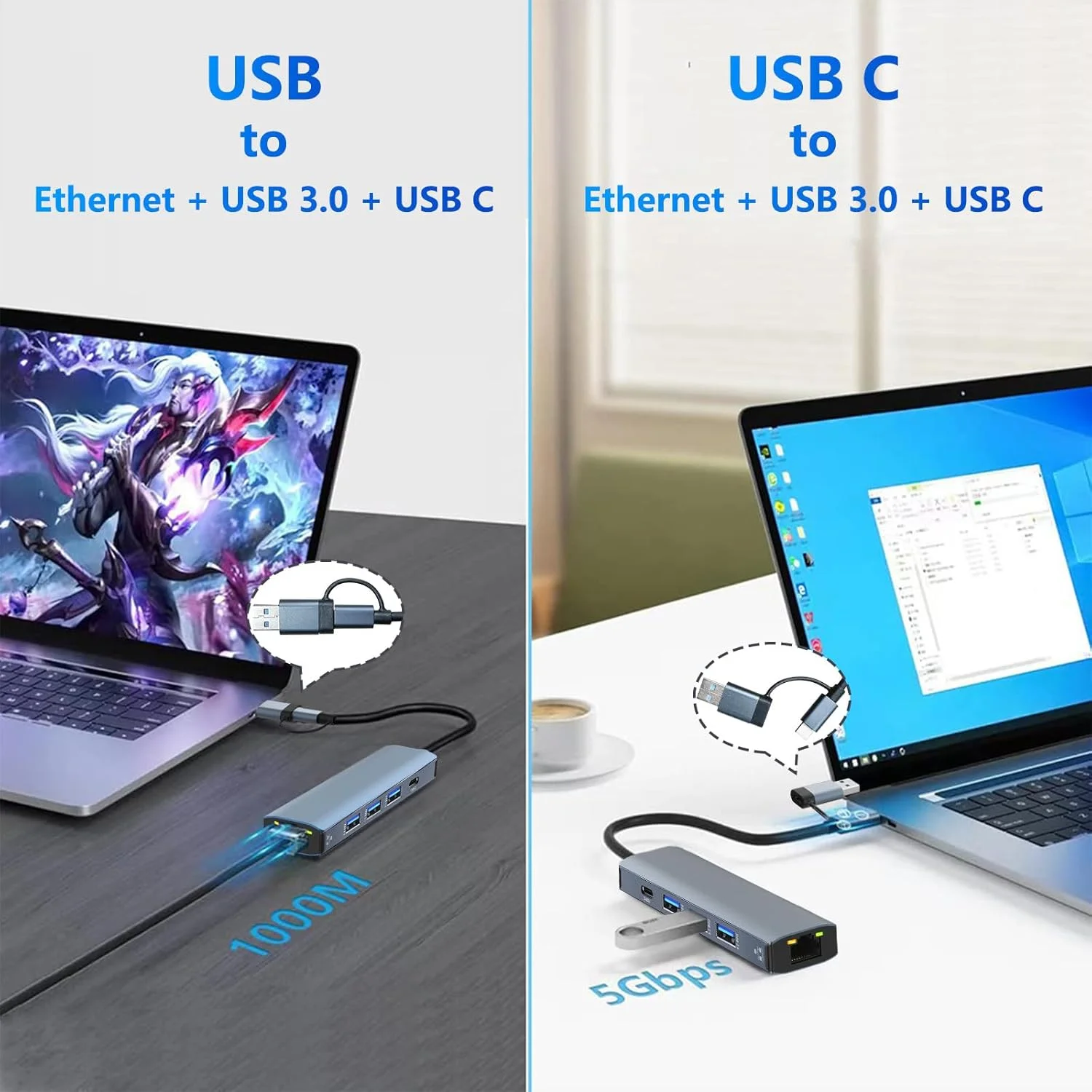 آداپتور USB به LAN 1000M، آداپتور اترنت USB-C RJ45 گیگابیتی، هاب USB-C LAN با 3 پورت USB 3.0 و 1 پورت Type-C برای MacBook XPS Surface Pro Linux Chromebook و غیره
