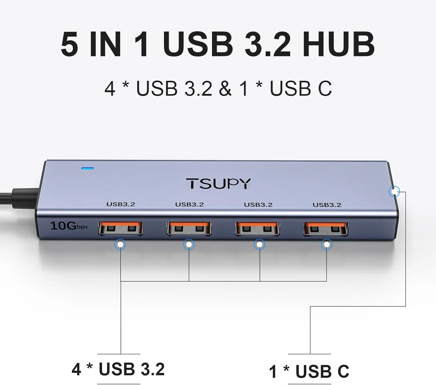 هاب USB 3.2 Gen 2، توزیع کننده USB با سرعت 10 گیگابیت بر ثانیه TSUPY با کابل 120 سانتی متری سازگار برای لپ تاپ ها، کامپیوترهای رومیزی، ایکس باکس و مک و غیره