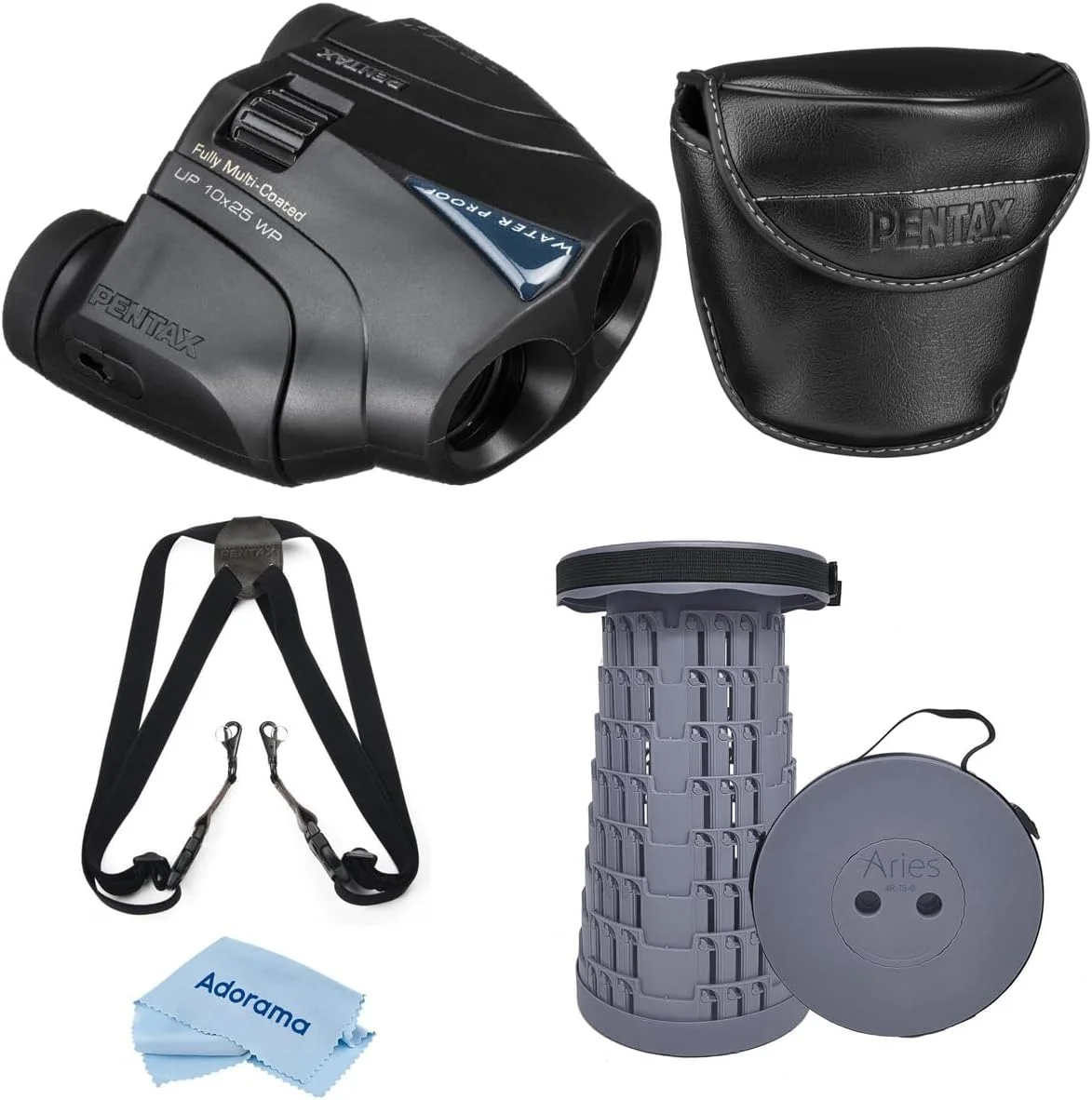 دوربین دوچشمی منشوری پوررو پنتاکس سری UP با بزرگنمایی 10x25، زاویه دید 5.0 درجه، مشکی، به همراه صندلی تلسکوپی قابل حمل، هارنس و پارچه تمیز کننده