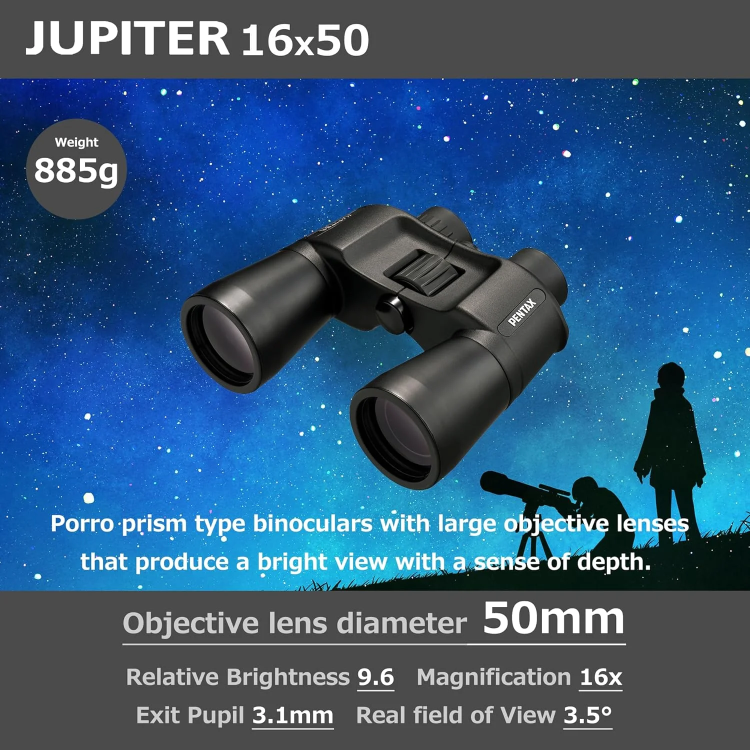 دوربین دوچشمی منشوری پوررو Pentax Jupiter 16x50 با دیافراگم بزرگ و دید آسان، مشکی