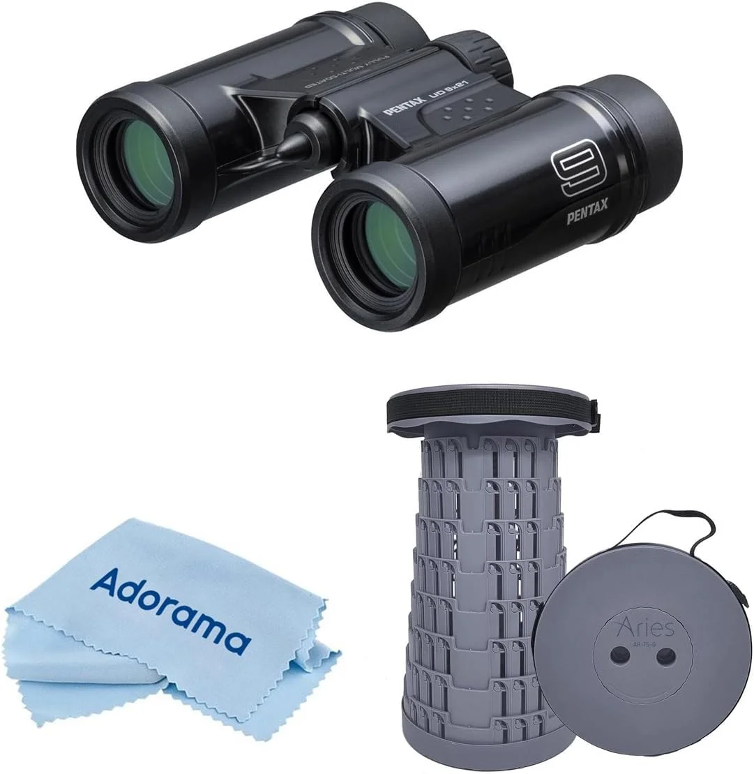 دوربین دوچشمی منشور سقفی مقاوم در برابر آب پنتاکس UD 9x21، زاویه دید 6 درجه، مشکی، به همراه صندلی تلسکوپی قابل حمل و پارچه تمیز کننده