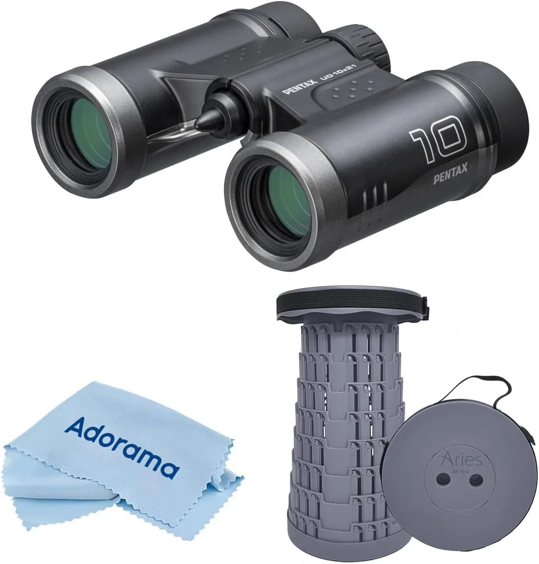 دوربین دوچشمی پنتاکس 10x21 UD مقاوم در برابر آب و هوا، منشور سقفی، زاویه دید 5.4 درجه، مشکی، به همراه صندلی تلسکوپی قابل حمل و پارچه تمیز کننده