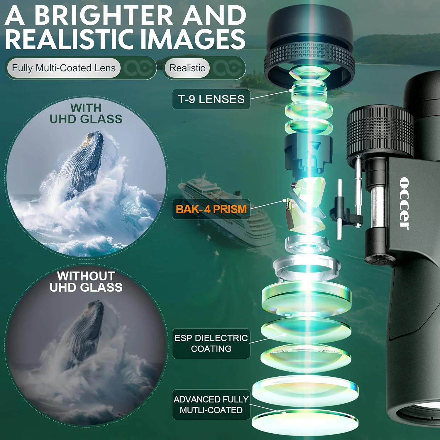 دوربین شکاری 12x50 برای تماشای پرندگان - دوربین دوچشمی قدرتمند با تصویر بزرگ و واضح - دوربین HD با فوکوس آسان و برد بلند برای سفر دریایی، شکار، مسافرت، کنسرت و تماشای ستارگان، سبز